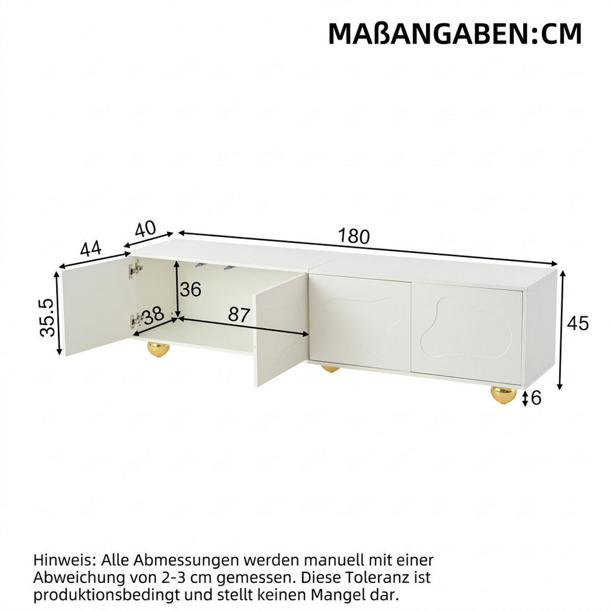 TV-SCHRANK 180/40/45 cm Weiß mit 4 Türen und Wolkenform - Weiß, Holzwerkstoff (180/45/40cm) - Oxeza