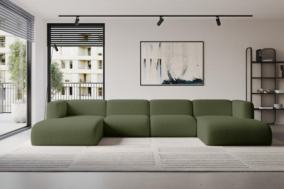 WOHNLANDSCHAFT MIRA-U2 408x179x70 Grün Bouclé - Schwarz/Olivgrün, Holzwerkstoff/Kunststoff (408/70/179cm) - ALTDECOR