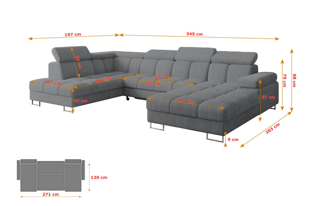 WOHNLANDSCHAFT mit Schlaffunktion und Bettkasten Ottomane Links COMA U 345x203x79 Dunkelgrau Cord - Graphitfarben, Holzwerkstoff/Textil (345/79/203cm) - ALTDECOR