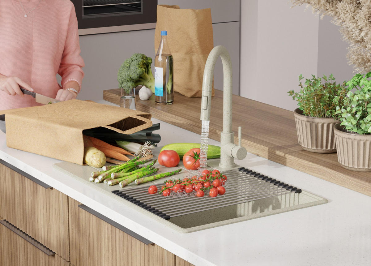 SPÜLBECKEN Kopenhagen, 2-er set Beige 78/50 cm 1 Becken + Ablauf-Set + Schneidebrett ab 50er Unterschrank - Chromfarben/Beige, Kunststoff (78/20/50cm) - Primagran