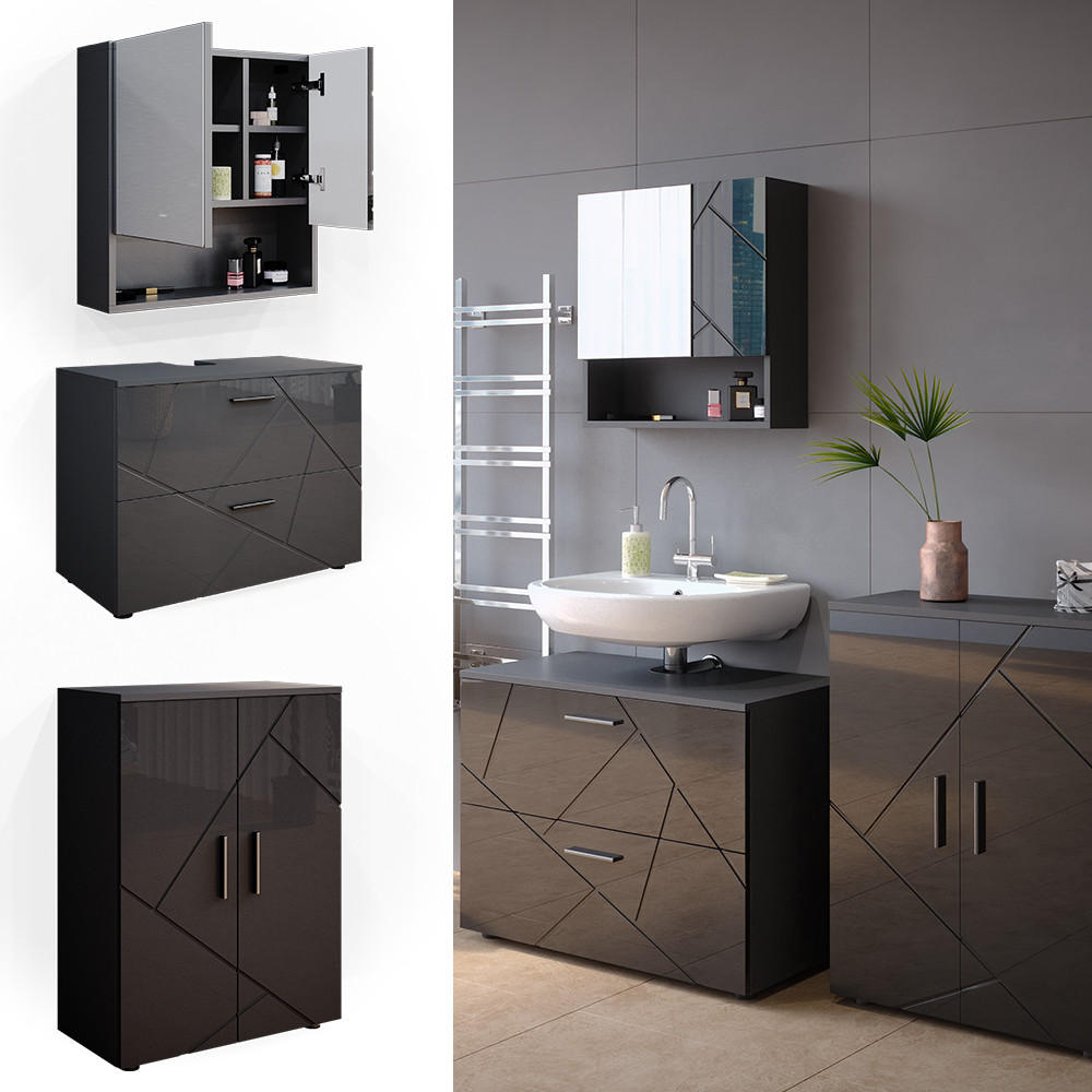 BADMÖBEL-SET Irma Anthrazit Hochglanz 3 Teile, mit Unterschrank 80 cm - Anthrazit, Holzwerkstoff (80/58/41cm) - Vicco