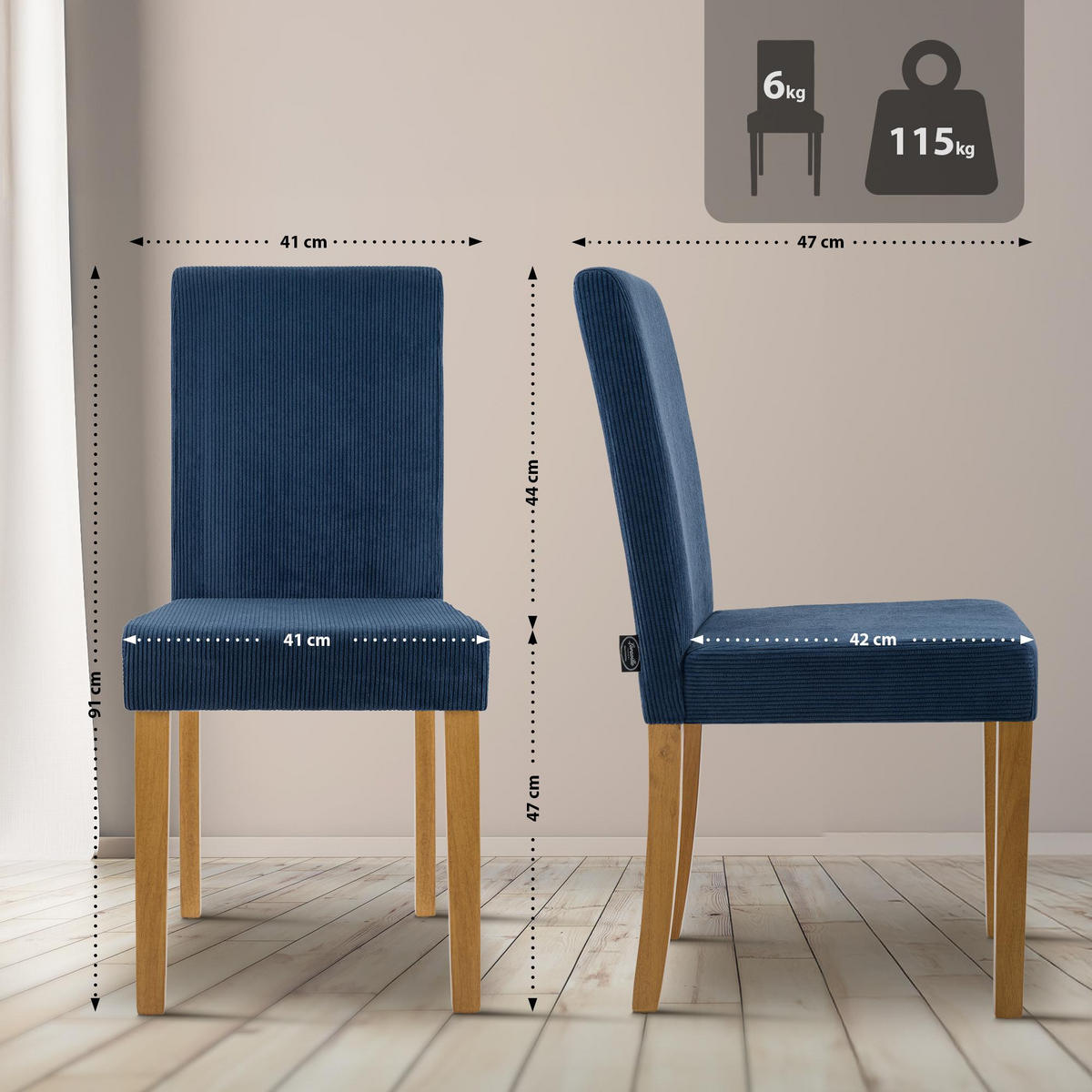 ESSZIMMERSTUHL Cord Blau - Blau/Naturfarben, Holz/Textil (41/91/47cm) - CLP
