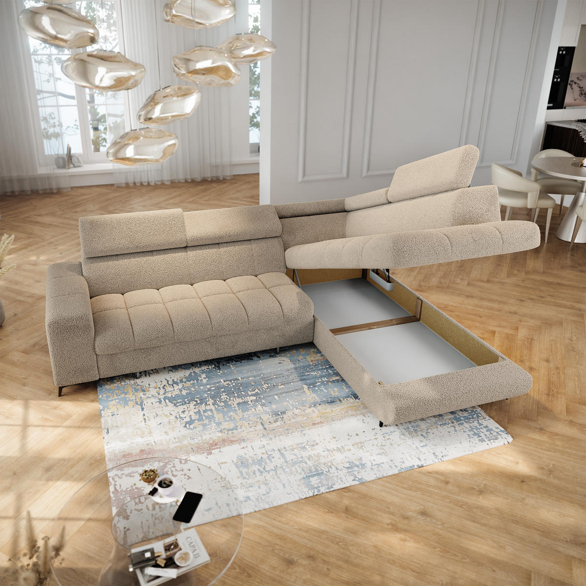 ECKSOFA MORIVA Q R-S Beige Boucle-Stoff mit Schlaffunktion - Beige, Holzwerkstoff/Textil (253/190cm) - MASSENO