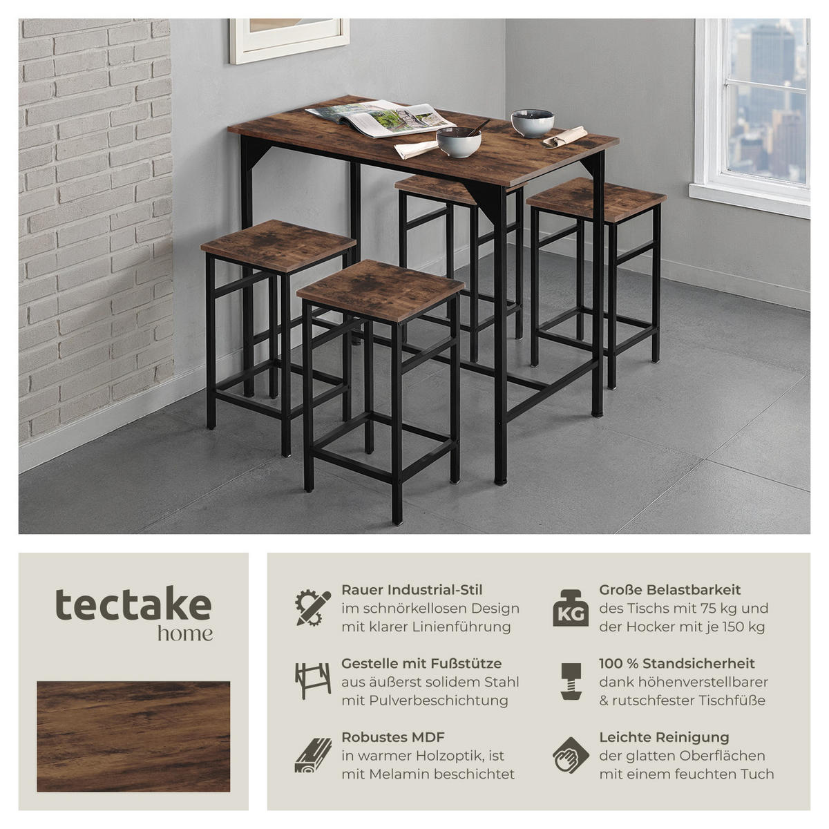 BARTISCH-SET Edinburgh,mit höhenverstellbaren Kunststofffüßen,Industrial Holz dunkel, rustikal - Rostfarben, Holz (124/88.5/100cm) - tectake