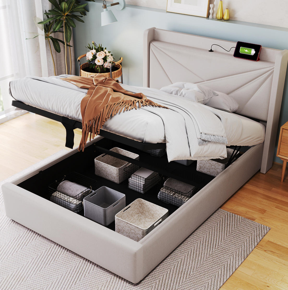 POLSTERBETT 90/200 cm mit Bettkasten, USB/Typ-C und gepolstertem Kopfteil - Beige, Textil (90/200cm) - BEAOK