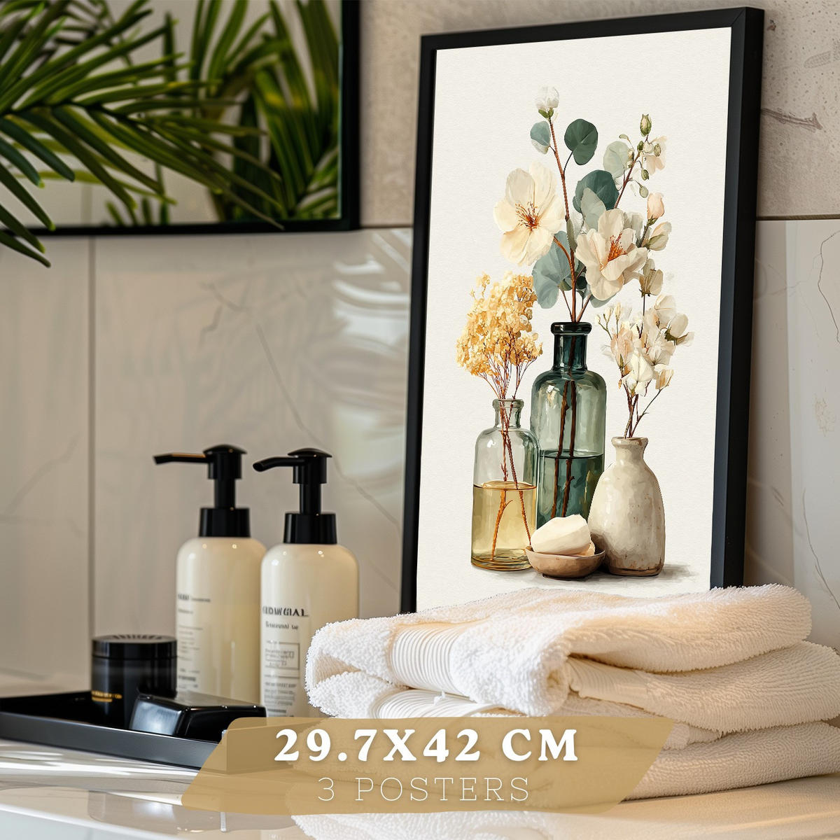 PLAKÁT Sada 3 dekorativních koupelnových tisků, přírodní lázeňský styl Černý rám A3 - černá, papír (42/29.7/3cm) - Nacnic