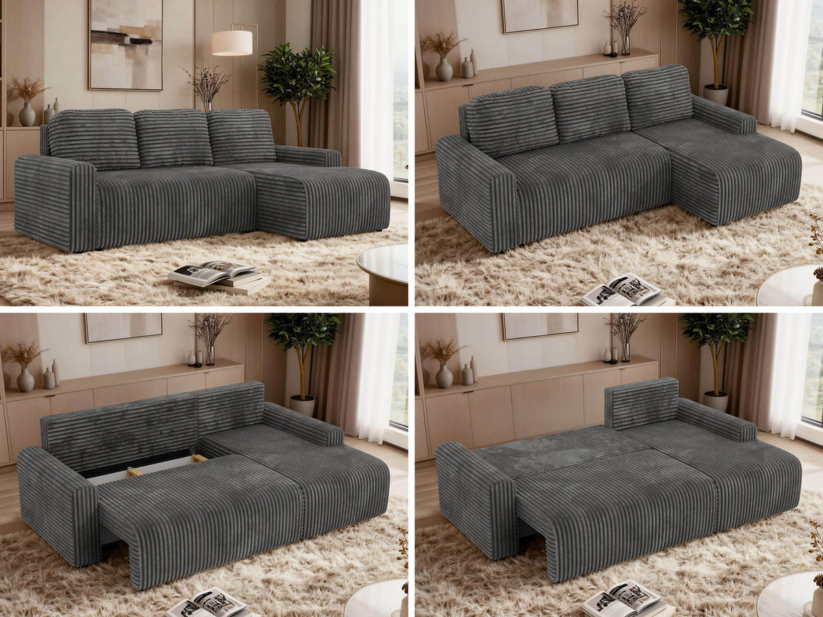 ECKSOFA NESSARO L Grau Cord - Rechts Seite - Schwarz/Grau, Kunststoff/Textil (151/244cm) - MKS