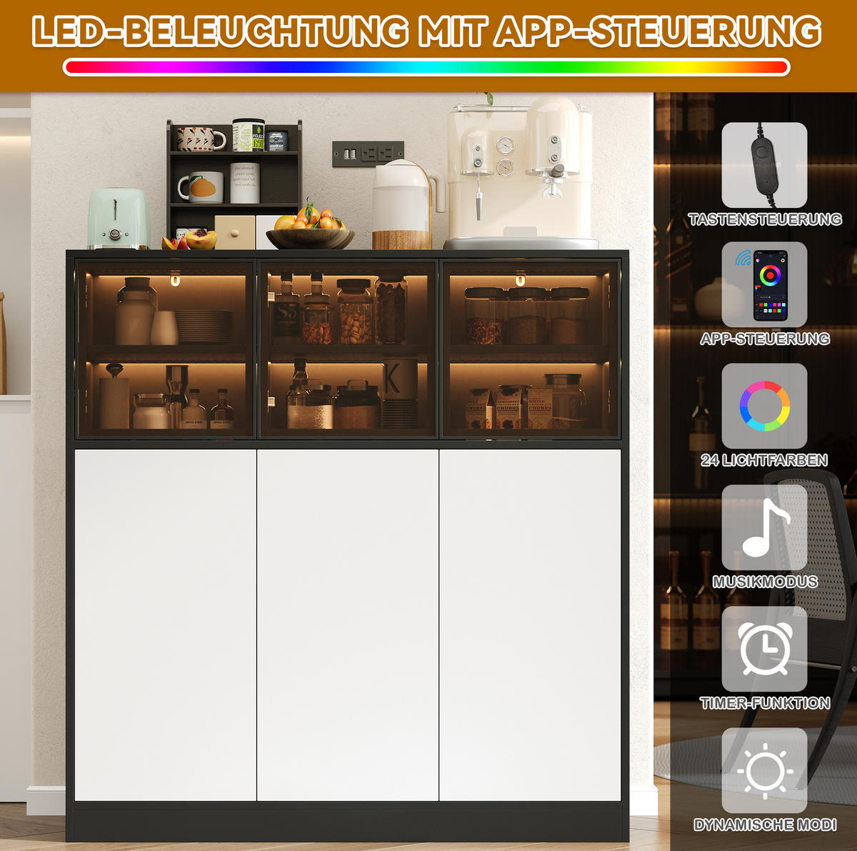 SIDEBOARD in Schwarz-Weiß 100x40x105 cm mit 6 Türen und LED-Beleuchtung - Schwarz, Holzwerkstoff (40/105/100cm) - IVMEU