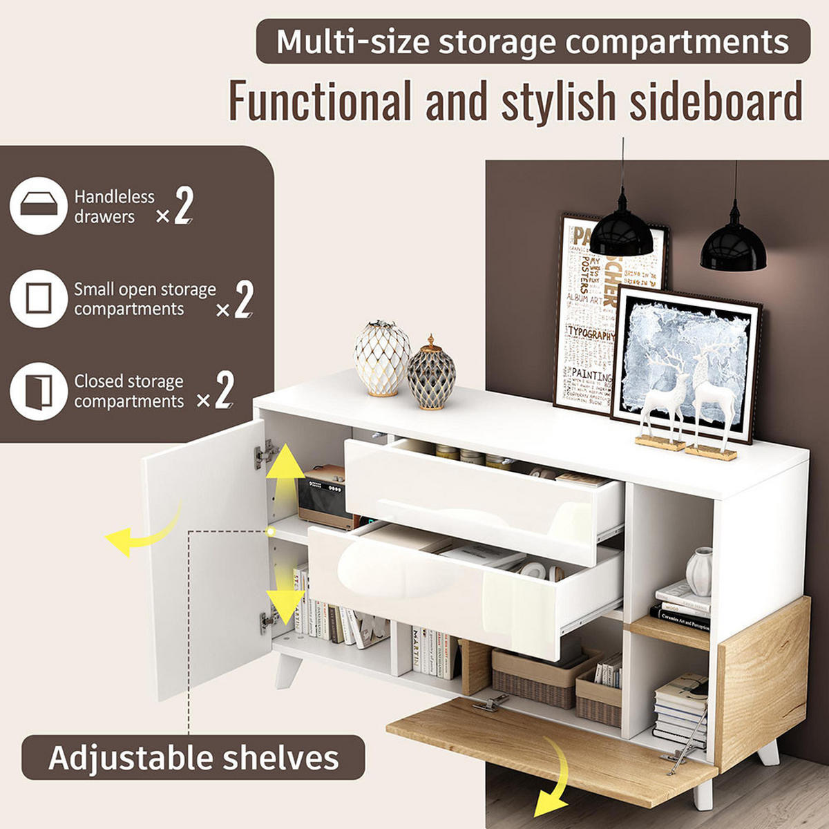 SIDEBOARD in Hochglänzendes weißes mit Stauraum - Weiß, Holz (40/70/130cm) - KOMHTOM