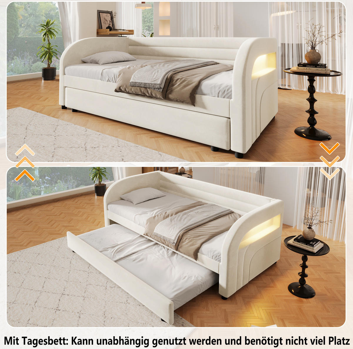 BETT 90/200 cm in Beige mit LED-Beleuchtung und Ausziehfunktion - Beige, Textil (90/200cm) - Flora Grace