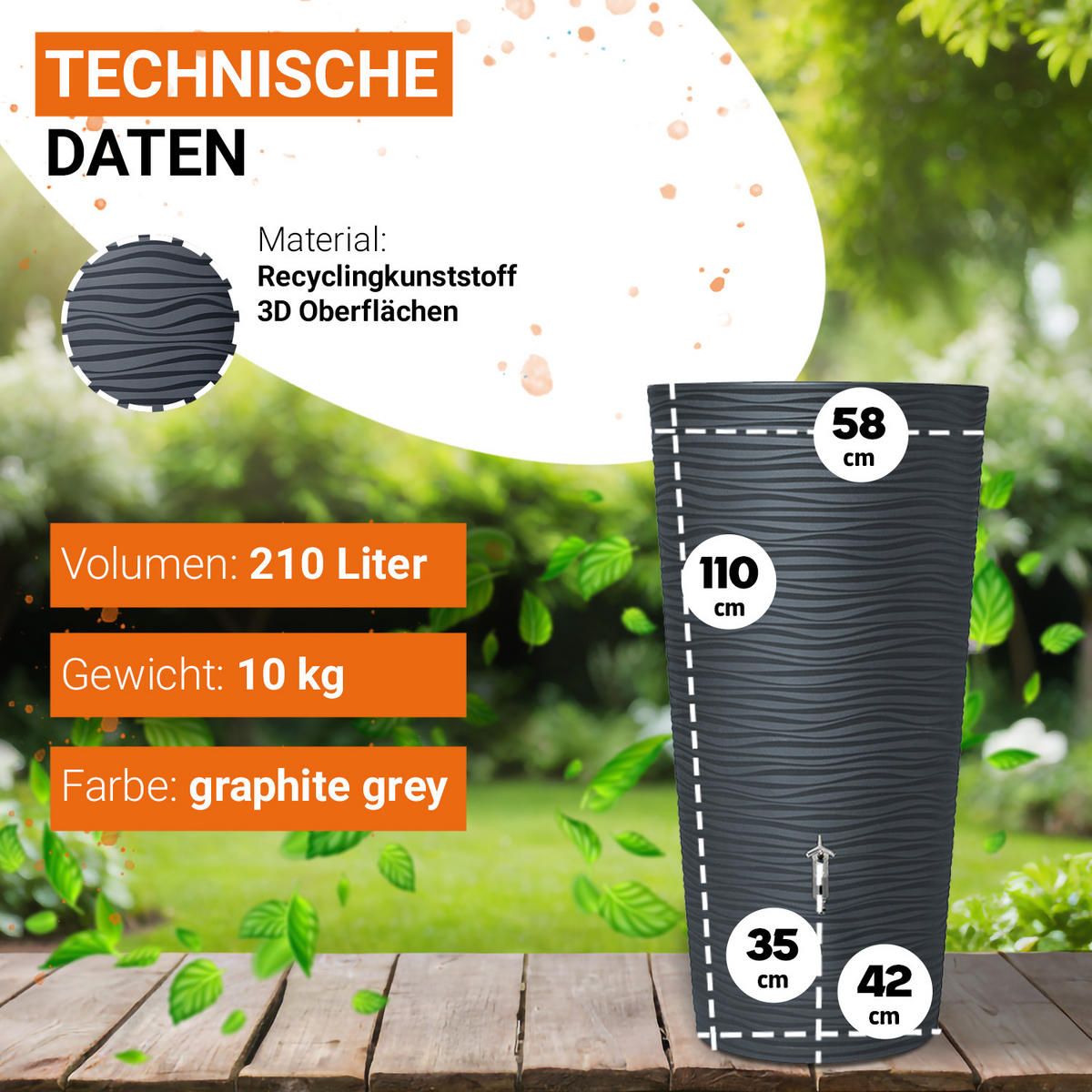 2IN1 Regentonne 210 L, graphite grey - Grau, Kunststoff (58/110/58cm) - GARANTIA