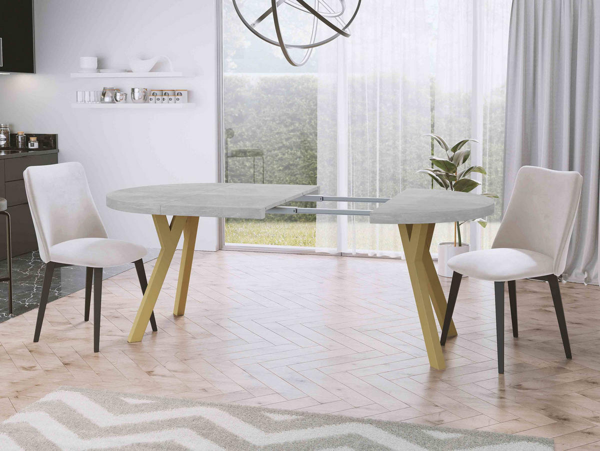 ESSTISCH Mateo runder ausziehbarer, Grauer Beton 100-200/100/76 cm - Goldfarben/Hellgrau, Holz/Holzwerkstoff (100/200/76cm) - WFL GROUP
