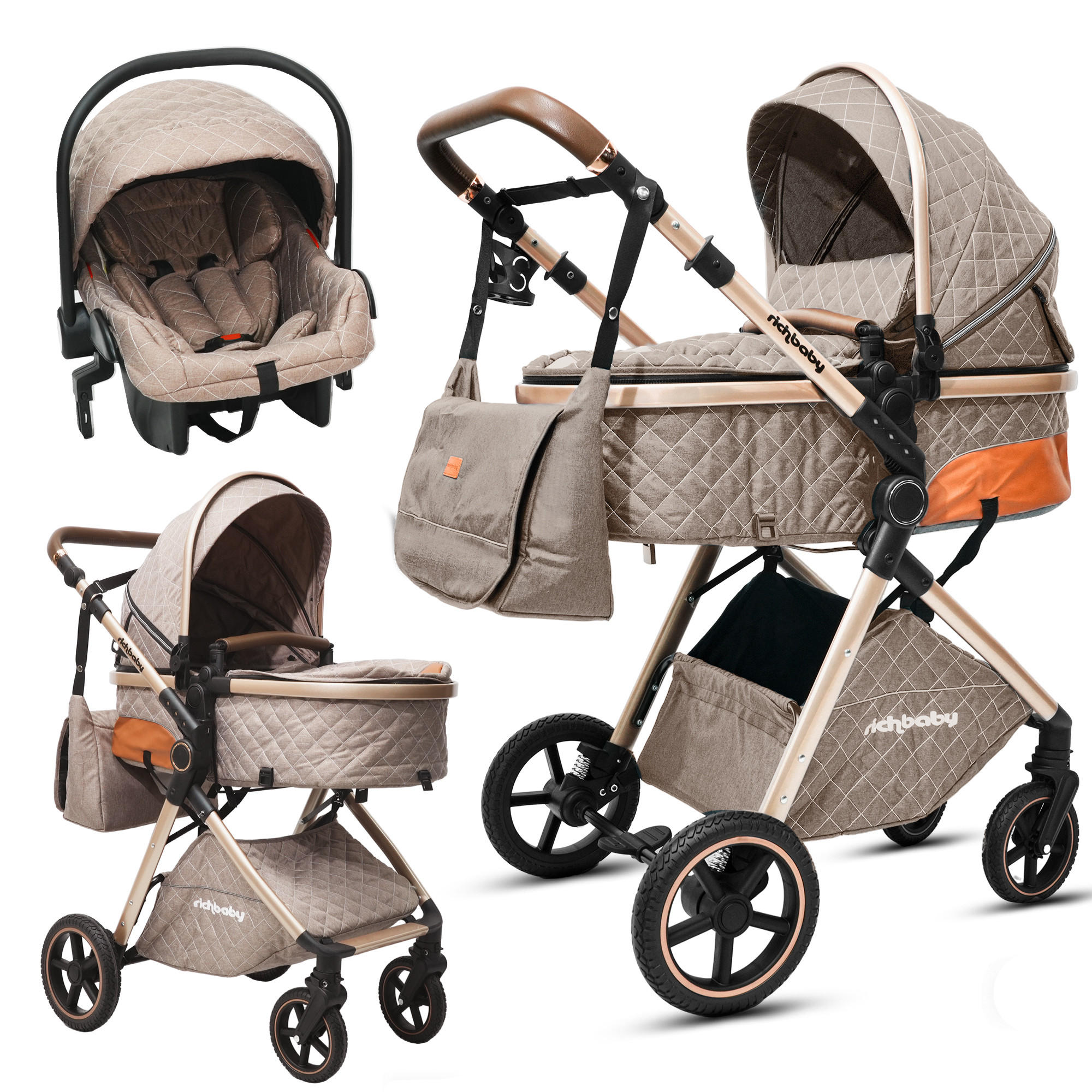 BUGGY Kinderwagen 2 in 1 faltbar mit abnehmbarer Babywanne und All-Terrain Federung - Hellbraun, Metall (80/62/106cm) - Raelunyi