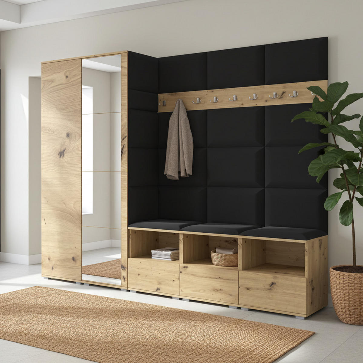 GARDEROBE NELA VII 250 cm (Modulare Flurmöbel XL Artisan Eiche mit Spiegel & Sitzpolster Schwarz 16 Universell) - Silberfarben/Schwarz, Holz/Holzwerkstoff (250/187/40cm) - Ravio