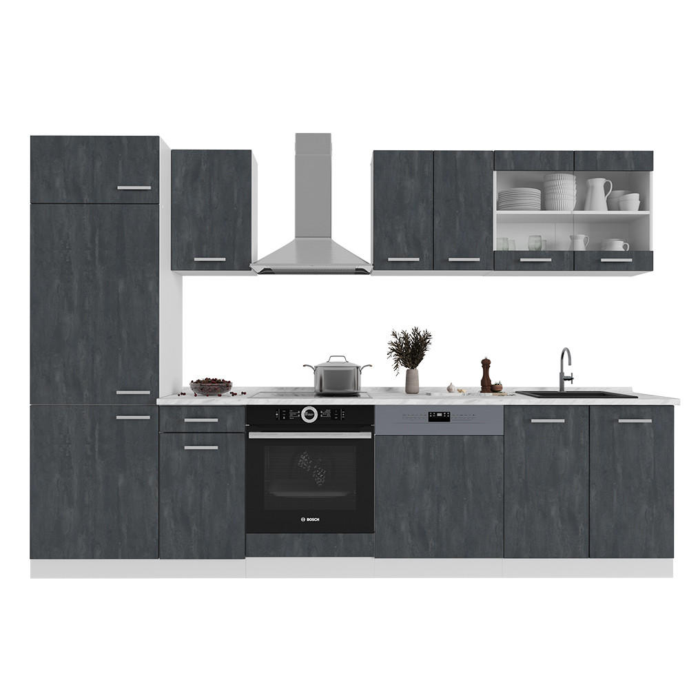 KÜCHENZEILE R-Line Schwarz Beton/Weiß 300 cm ohne AP - Schwarz/Weiß, Holzwerkstoff (300/81.6/46cm) - Vicco