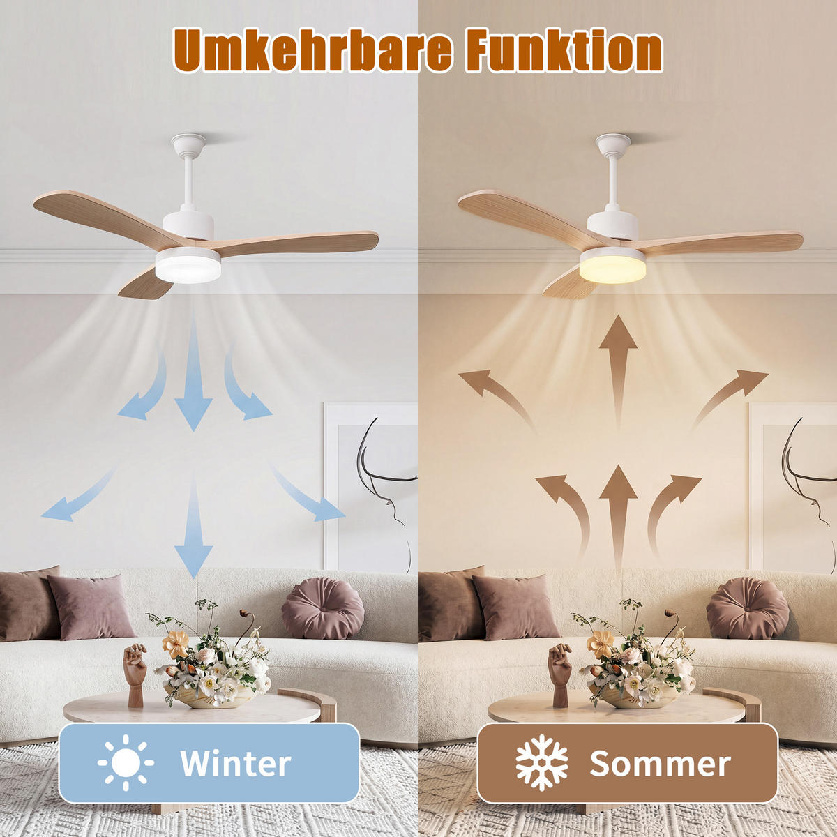 DECKENVENTILATOR mit LED-Licht, 106,6 cm, 3 Holzflügel, 6 Stufen & Timer - Naturfarben, Metall (106.6/106.6/52cm) - EuroLiving