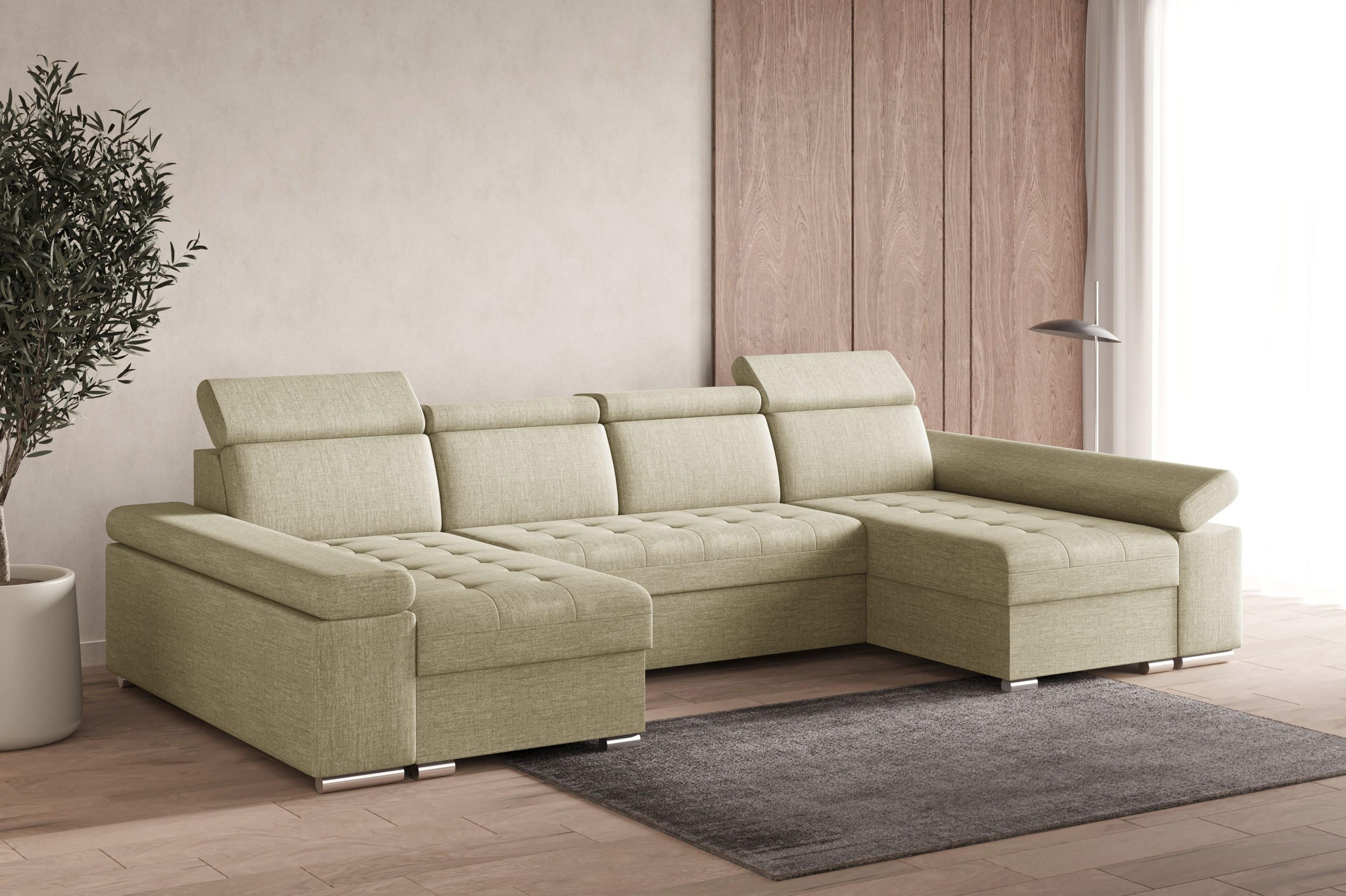Thumbnail - Möblo Wohnlandschaft, Beige, Holzwerkstoff, 5-Sitzer, U-Form, 330x94x168 cm, Wohnzimmer, Sofas & Couches, Wohnlandschaft...