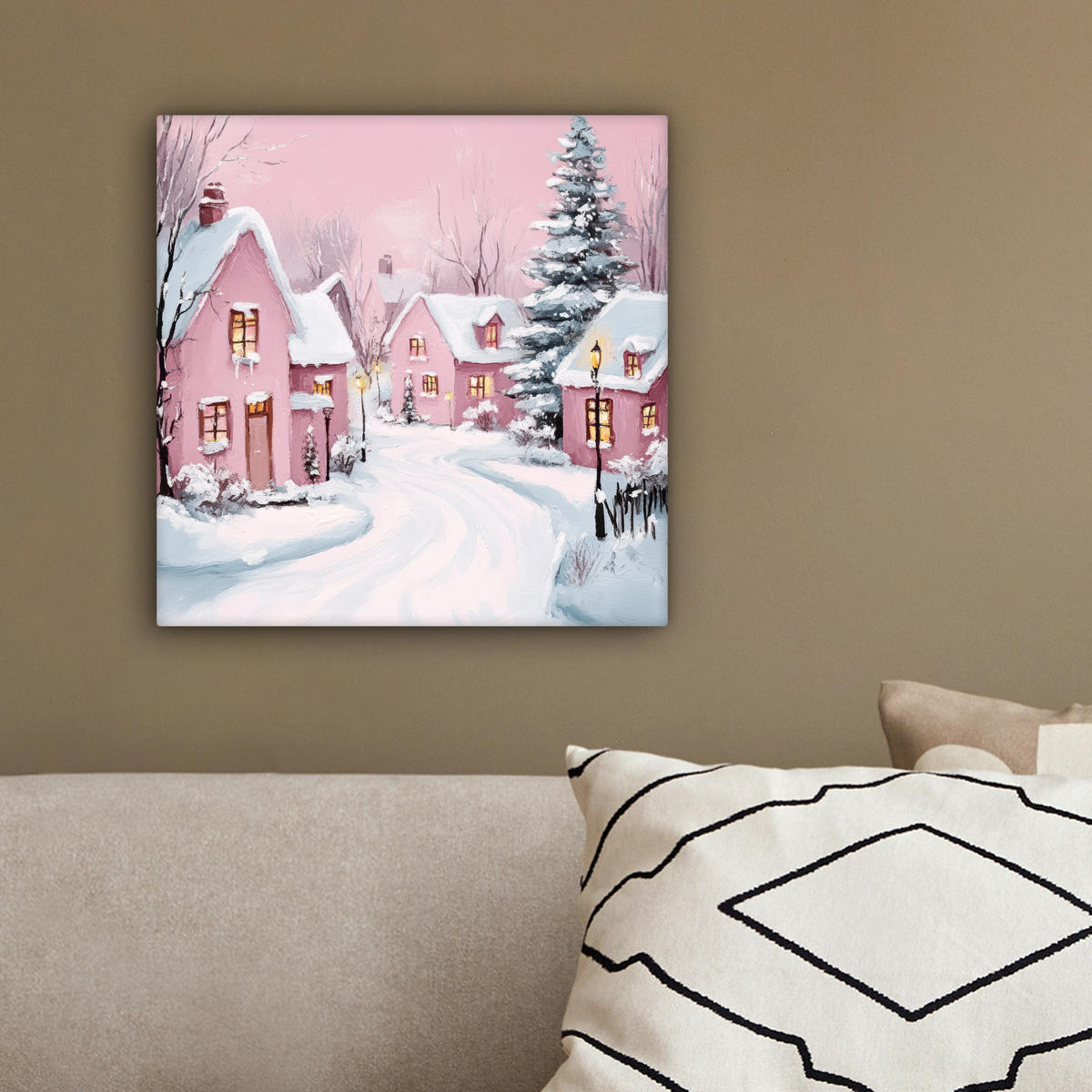 LEINWANDBILD Weihnachtsdorf - Rosa - Winter - Schnee - Häuser 20x20 cm - Altrosa, Textil (20/20cm) - MuchoWow