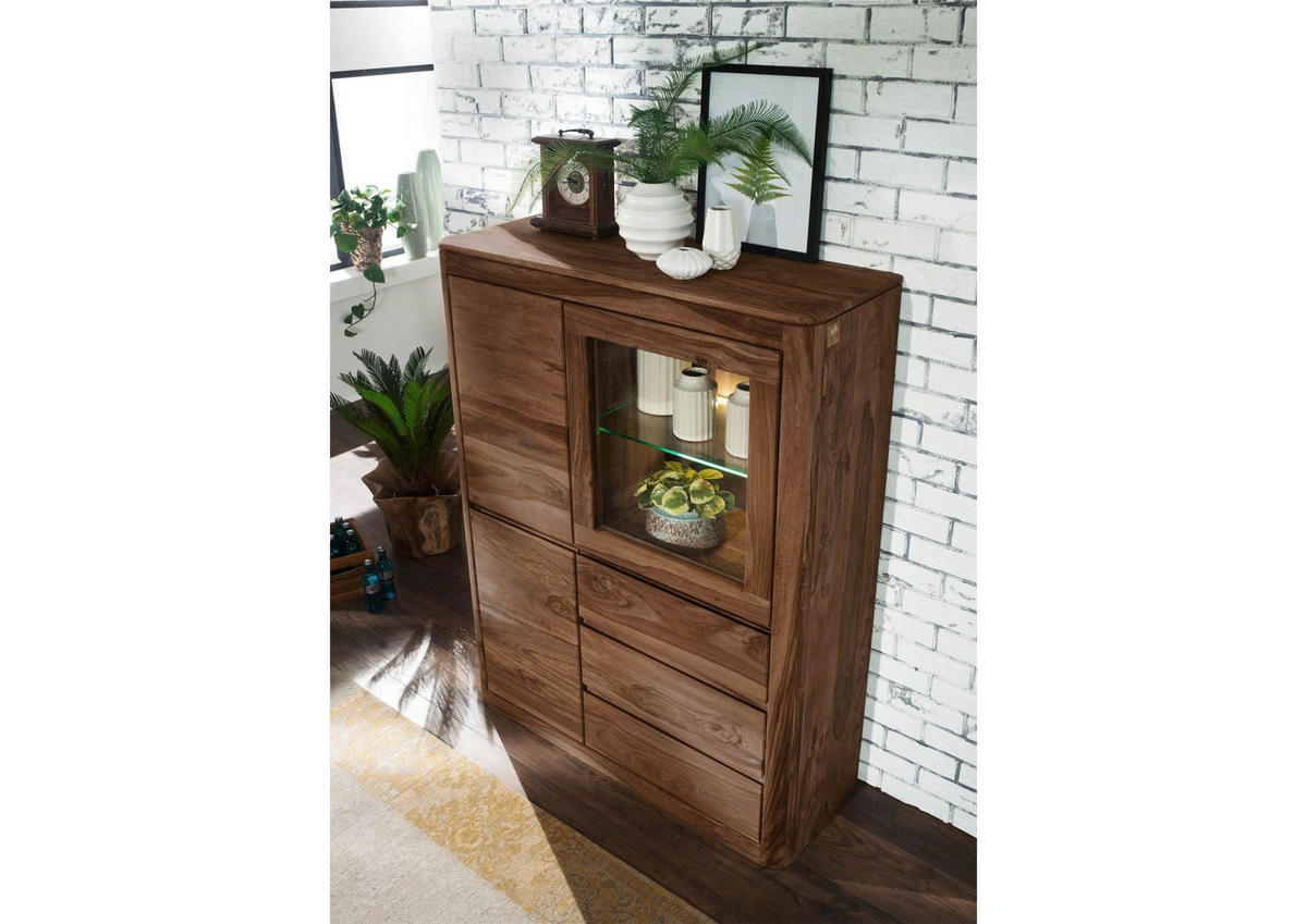 VITRINE Sheesham 109x40x145 rot-braun gebeizt TORONTO #109 - Dunkelbraun, Holz (109/145/40cm) - Massivmoebel24