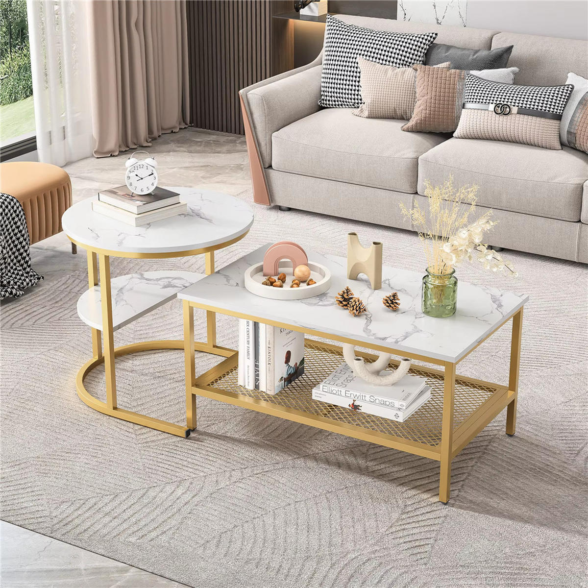 COUCHTISCH 2er-Set Marmoroptik mit Ablage, Gold quadratisch - Goldfarben, Metall (70/70/44.5cm) - Coonoor