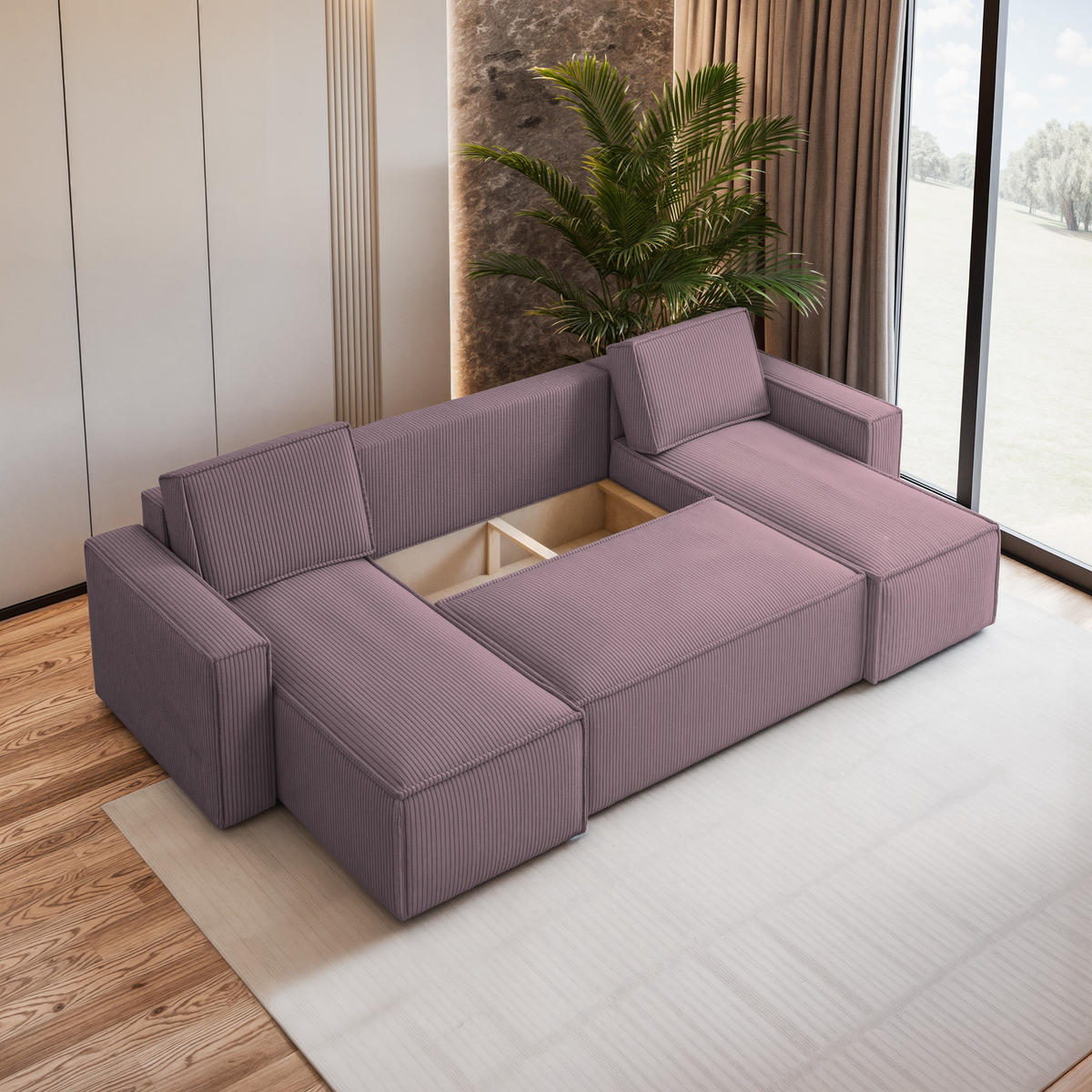 WOHNLANDSCHAFT PESANO P Lila Kordstoff mit Schlaffunktion - Lila, Holz (306/85/140cm) - MASSENO