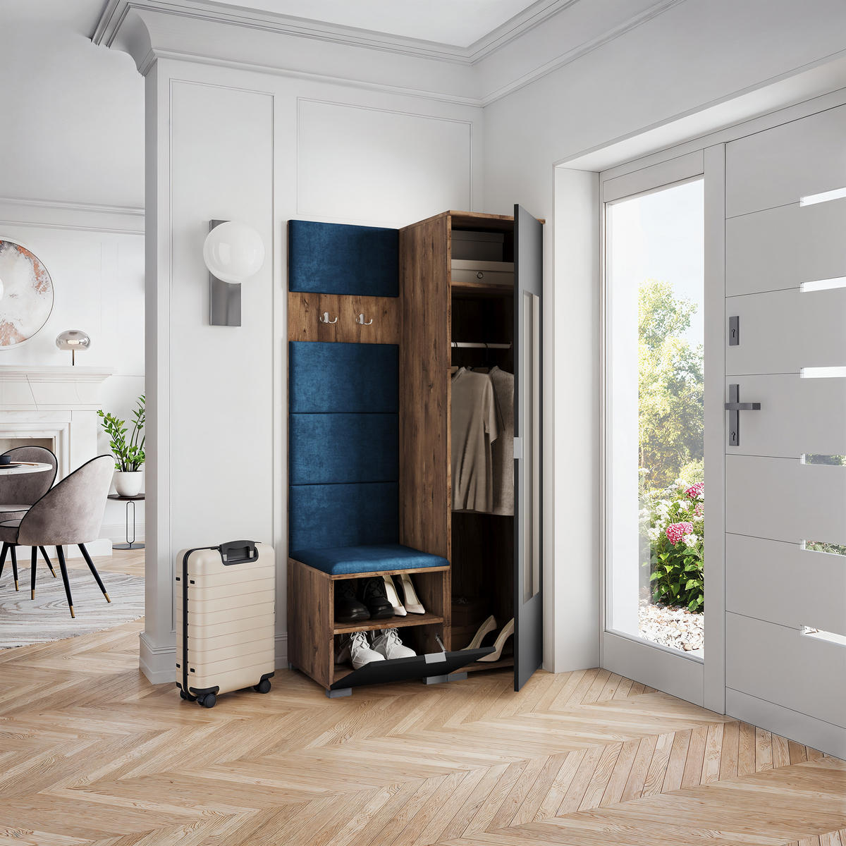 GARDEROBENSCHRANK VIRA 95/181/51 cm Modern Garderobe-Set Eiche Lefkas - Blau/Eichefarben, Holzwerkstoff (95/181/51cm) - MASSENO