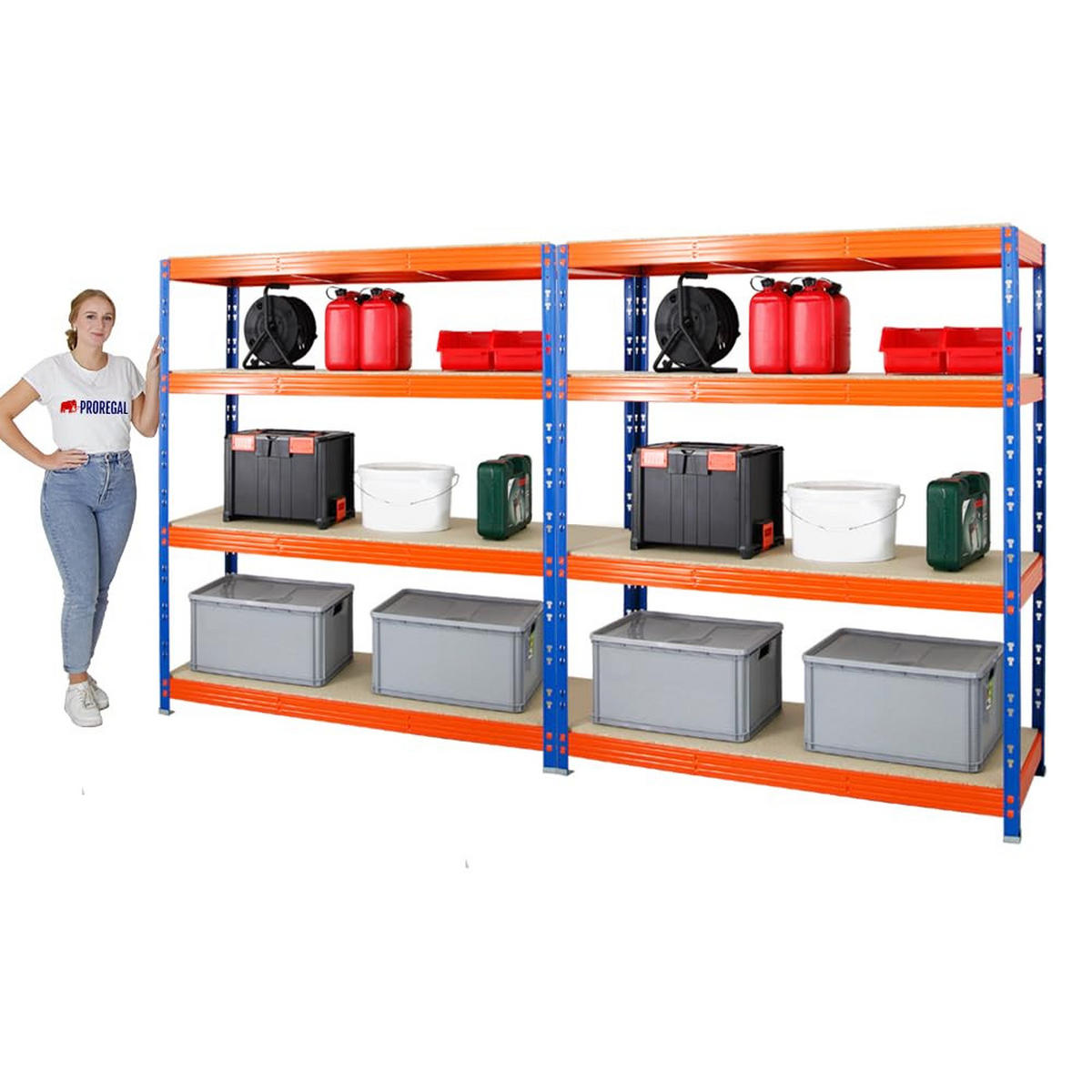 SCHWERLASTREGAL Rhino 2er-Set mit 2x 180x160x60 cm 4 Spanplatten-Ebenen 16mm Fachlast 500 kg Blau-Orange - Orange, Metall (320/180/60cm) - PROREGAL