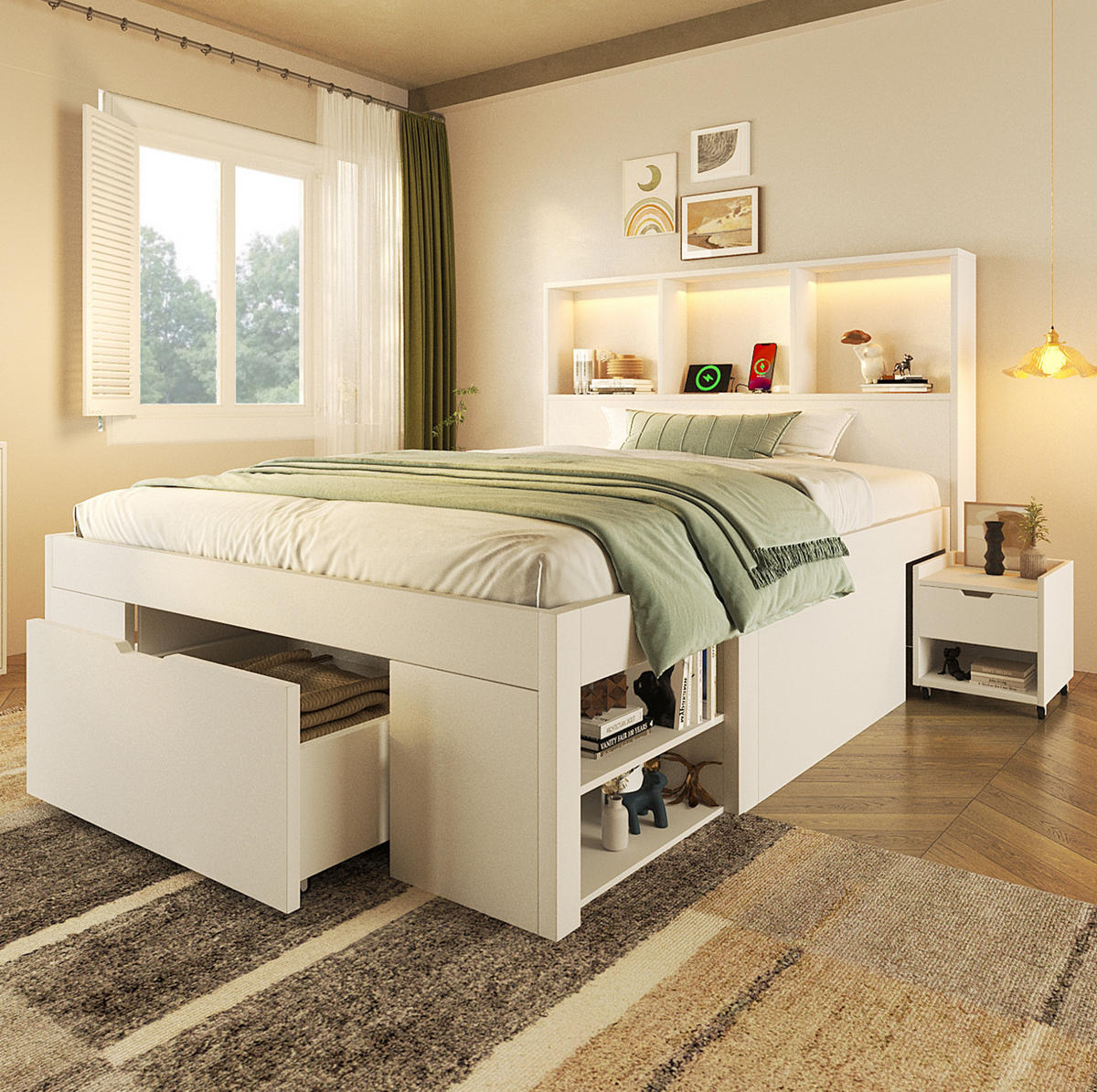 FUNKTIONSBETT 90/200 cm mit LED-Beleuchtung, USB-C, Stauraum und beweglichem Nachttisch aus Holz, Weiß - Weiß, Holzwerkstoff (90/200cm) - Redom