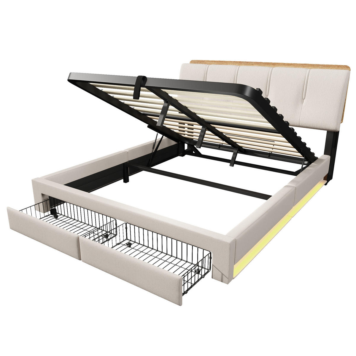 POLSTERBETT 140/200 cm Beige mit LED-Beleuchtung, USB- und USB-C-Anschluss, hydraulischem Bettkasten und Schubladen - Beige, Textil (140/200cm) - OKMYHOME