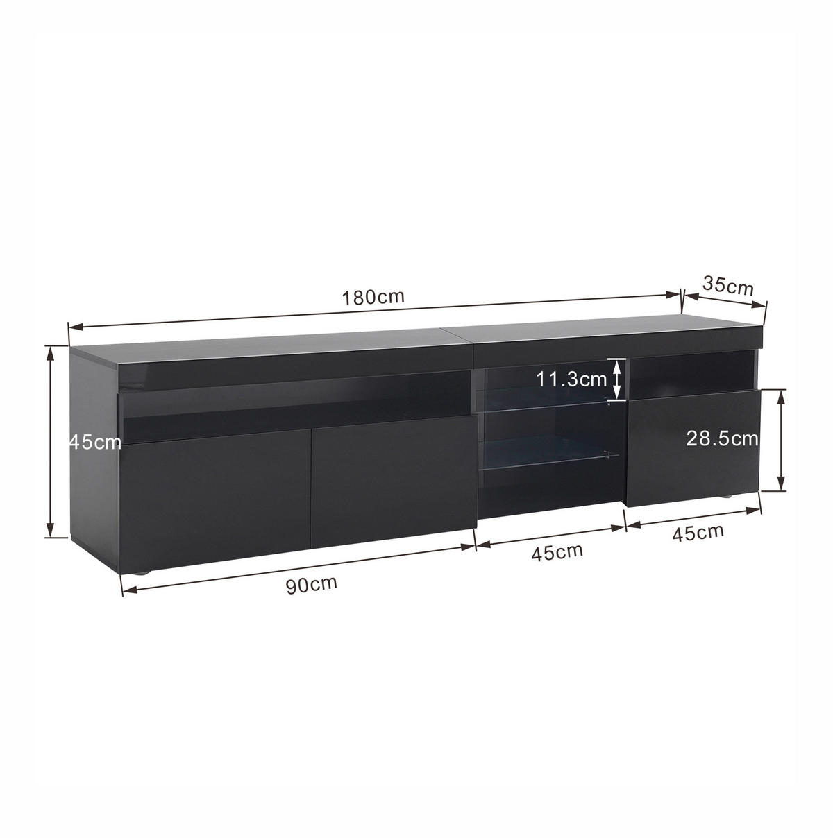 TV-LOWBOARD 180/35/48 cm mit 3 Türen und LED-Beleuchtung - Schwarz, Holzwerkstoff (180/48/35cm) - BEAOK