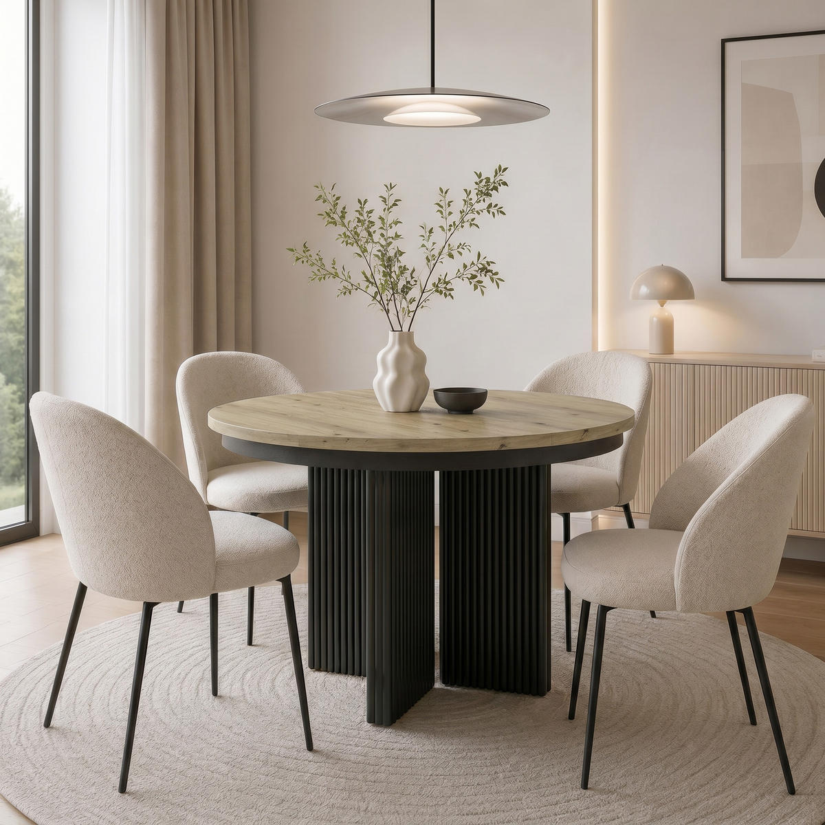 JÍDELNÍ STŮL Prestige, kulatý designový stůl, rozkládací Ø 100–180 cm, dub Artisan + černá - černá/barva dubu, kov (100/100/77cm) - Beautysofa