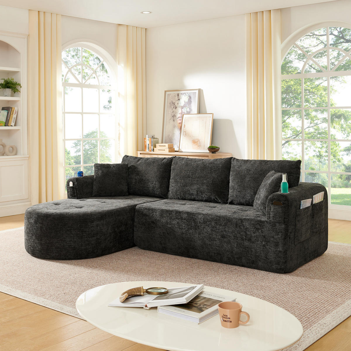ECKSOFA L-Form Schwarz mit Becherhalter und Seitentaschen - Schwarz, Textil (170/255cm) - Meubliv