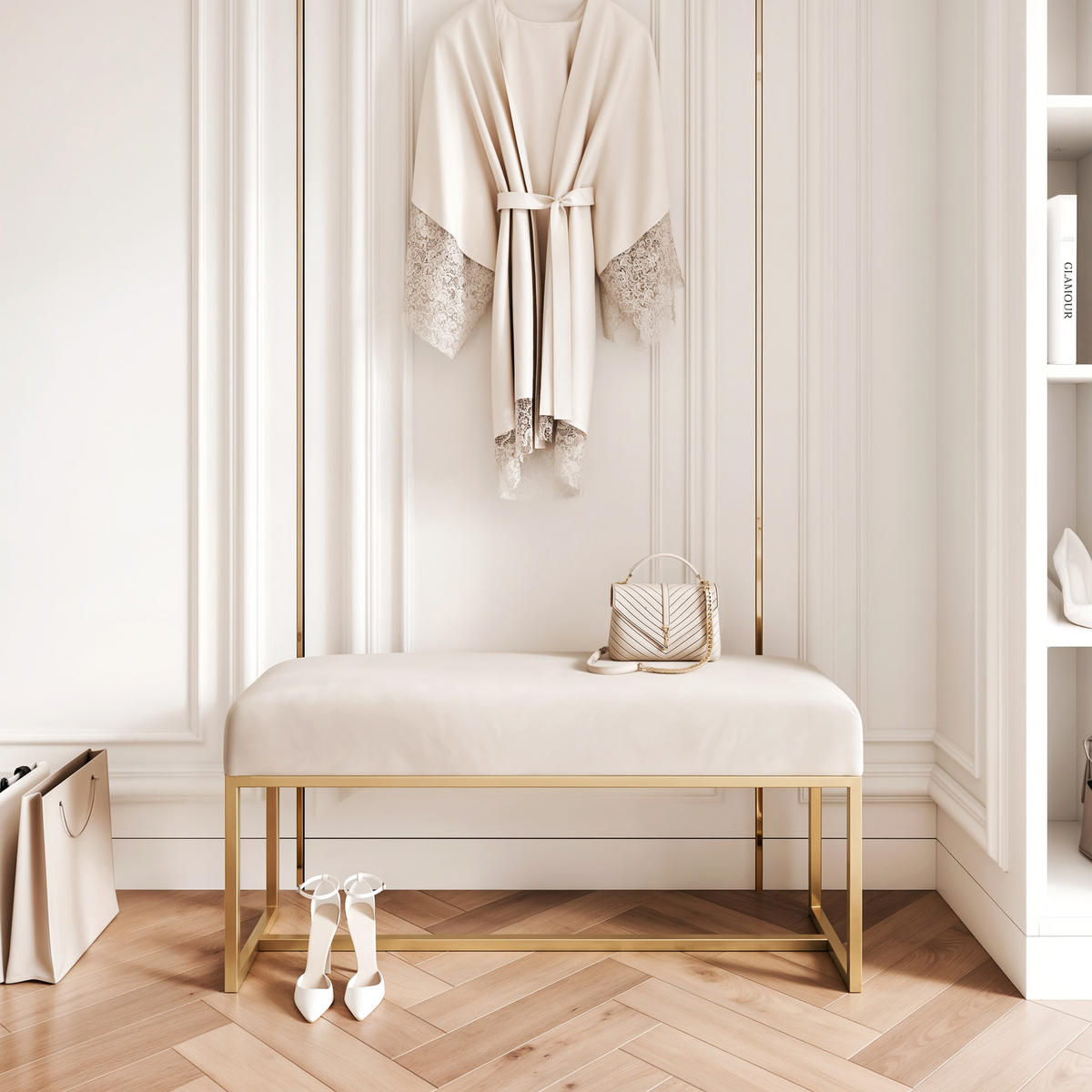 POLSTERBANK MUSE 90 cm Gold / Creme ,Metallgestell - Creme, Metall (90/47/30cm) - Idohome