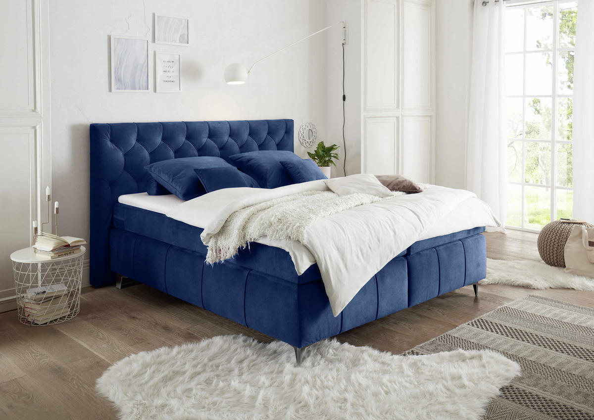 BOXSPRINGBETT 180 x 200 cm – 7‑Zonen-Tonnentaschen-Federkernmatratze, HR‑30 Topper, Samtoptik - Blau/Anthrazit, Kunststoff/Textil (180/200cm) - ed exciting design