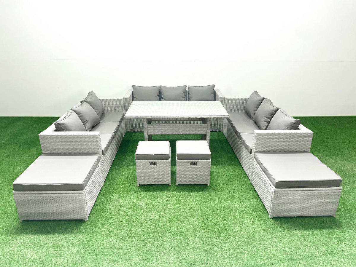 GARTENSET mit Esstisch,Sofa,4 Fußhocker Polyrattan Hellgrau 13-Sitzer - Hellgrau/Grau, Glas/Kunststoff - Fimous