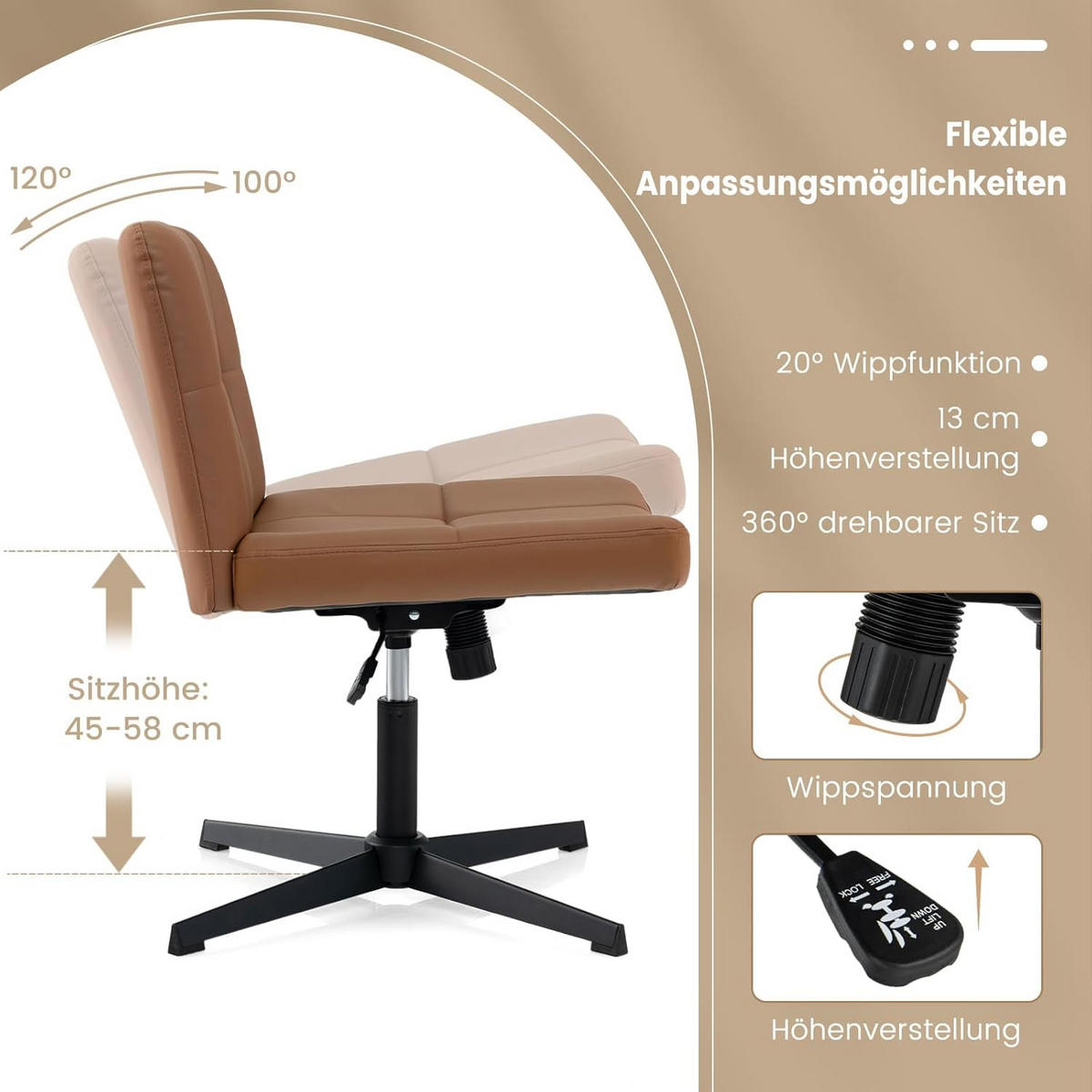 KONTORSTOL Brun - Brun, Plast (69/89/64cm) - COSTWAY