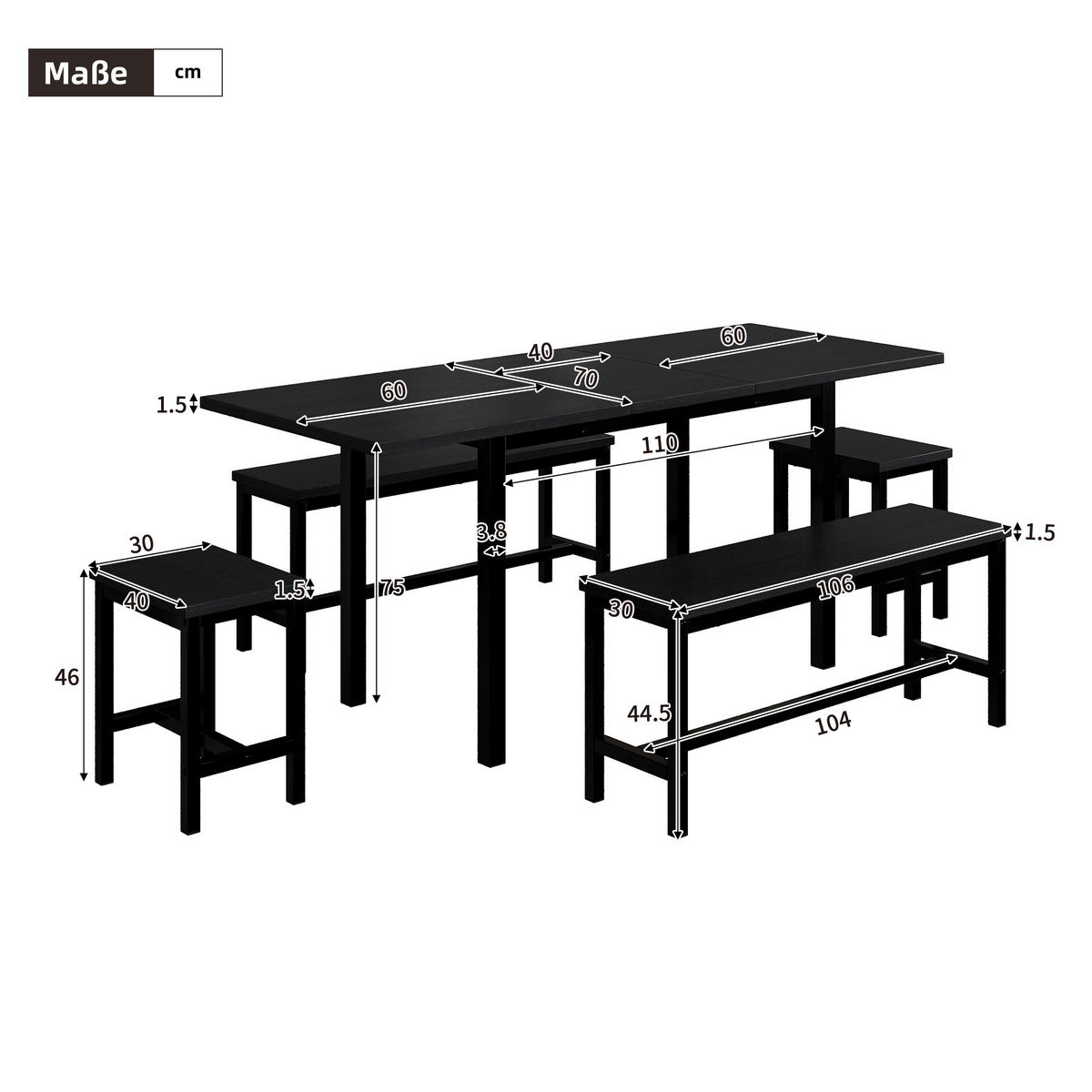 TISCHSET Ausziehbar mit mit 2 Bänken und 2 Hockern - Schwarz, Holzwerkstoff/Metall (70/75/160cm) - Urban Meuble