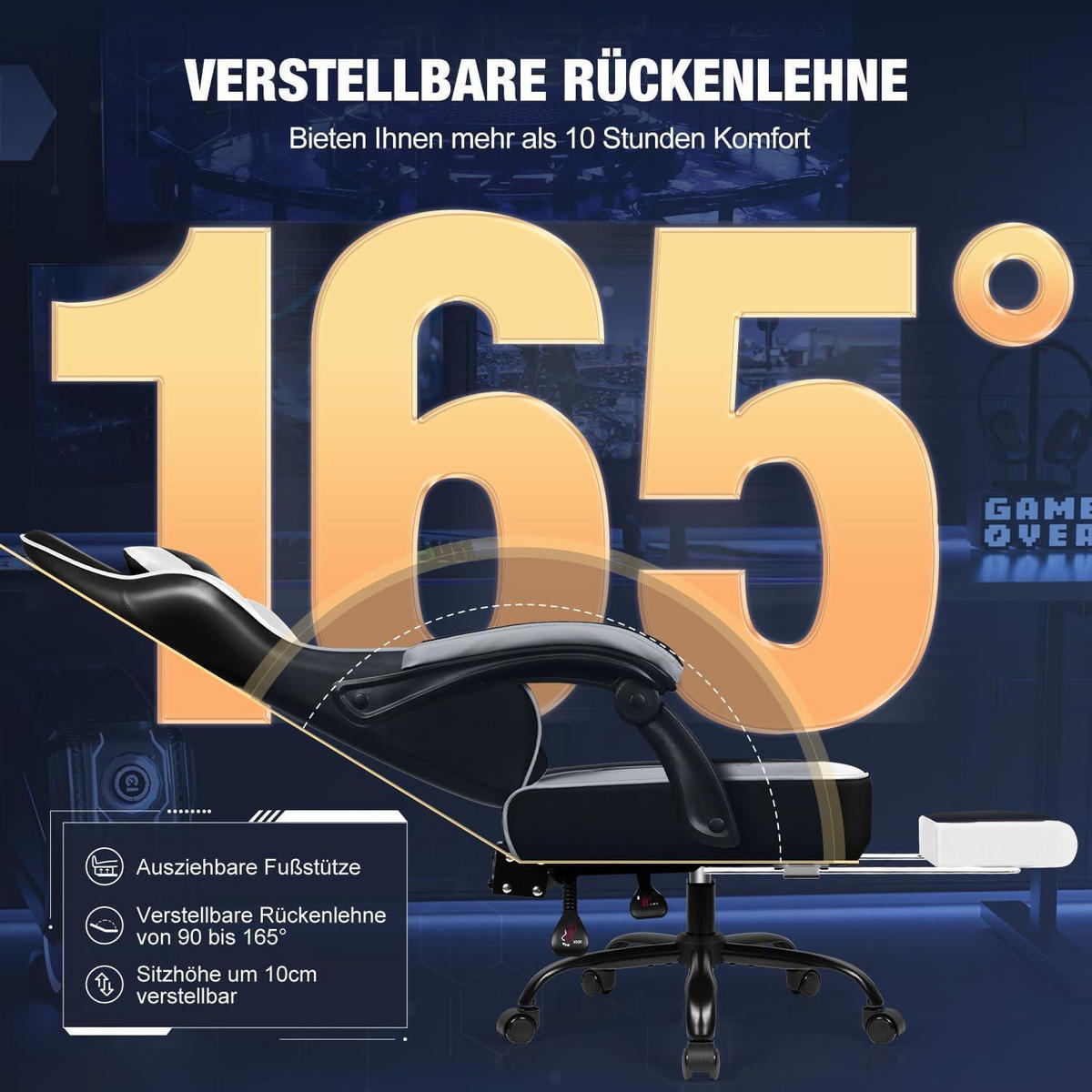 GAMING Stuhl ergonomisch mit Fußstütze und verstellbaren Kissen Weiß - Multicolor, Kunststoff (71/139/71cm)