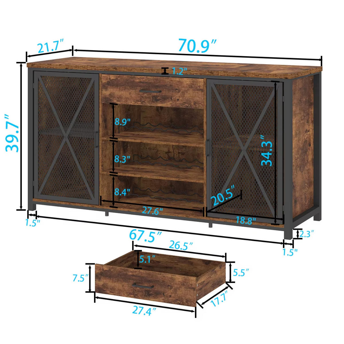 WEINREGAL 180 x 55 x 100 cm INDUSTRIAL Holz Metall Schwarz / Rustikal Eiche - Wildeiche, Holzwerkstoff/Metall (180/101.5/55cm) - Quality Elegance