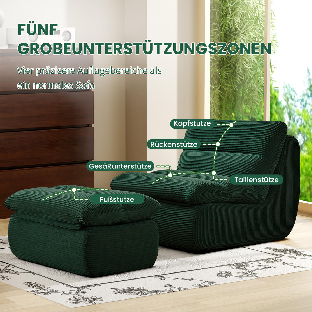 SOFA 101/81/75 cm mit Fußhocker, abnehmbarer Rücken- und Sitzpolsterung aus Cord, Grün - Grün, Textil (81/75/101cm) - Redom