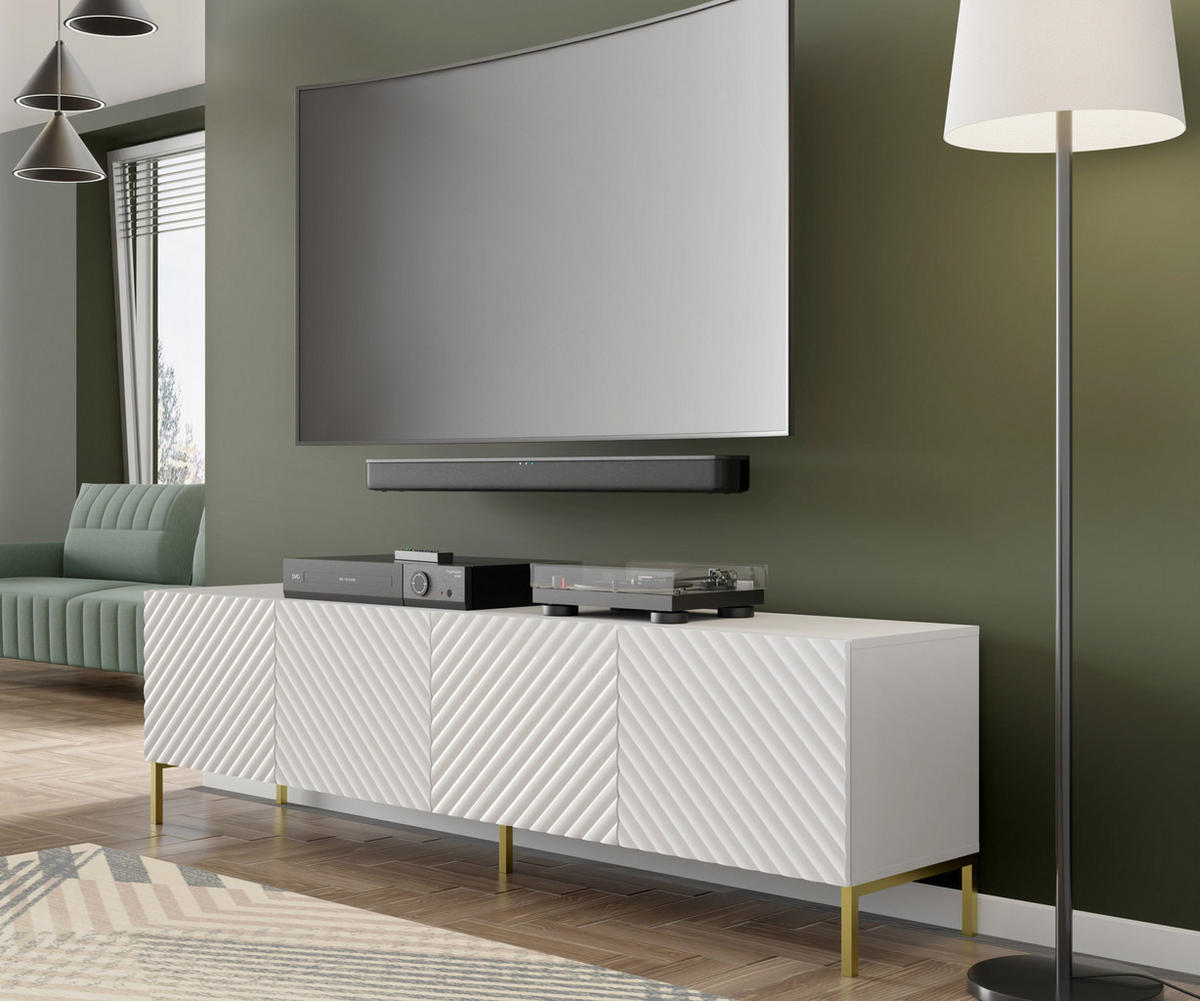TV LOWBOARD Weiß Hochglanz, Gold 200/56/42 - Weiß Hochglanz, Holzwerkstoff (200/56/42cm) - RAUMHIRSCH FURNITURE