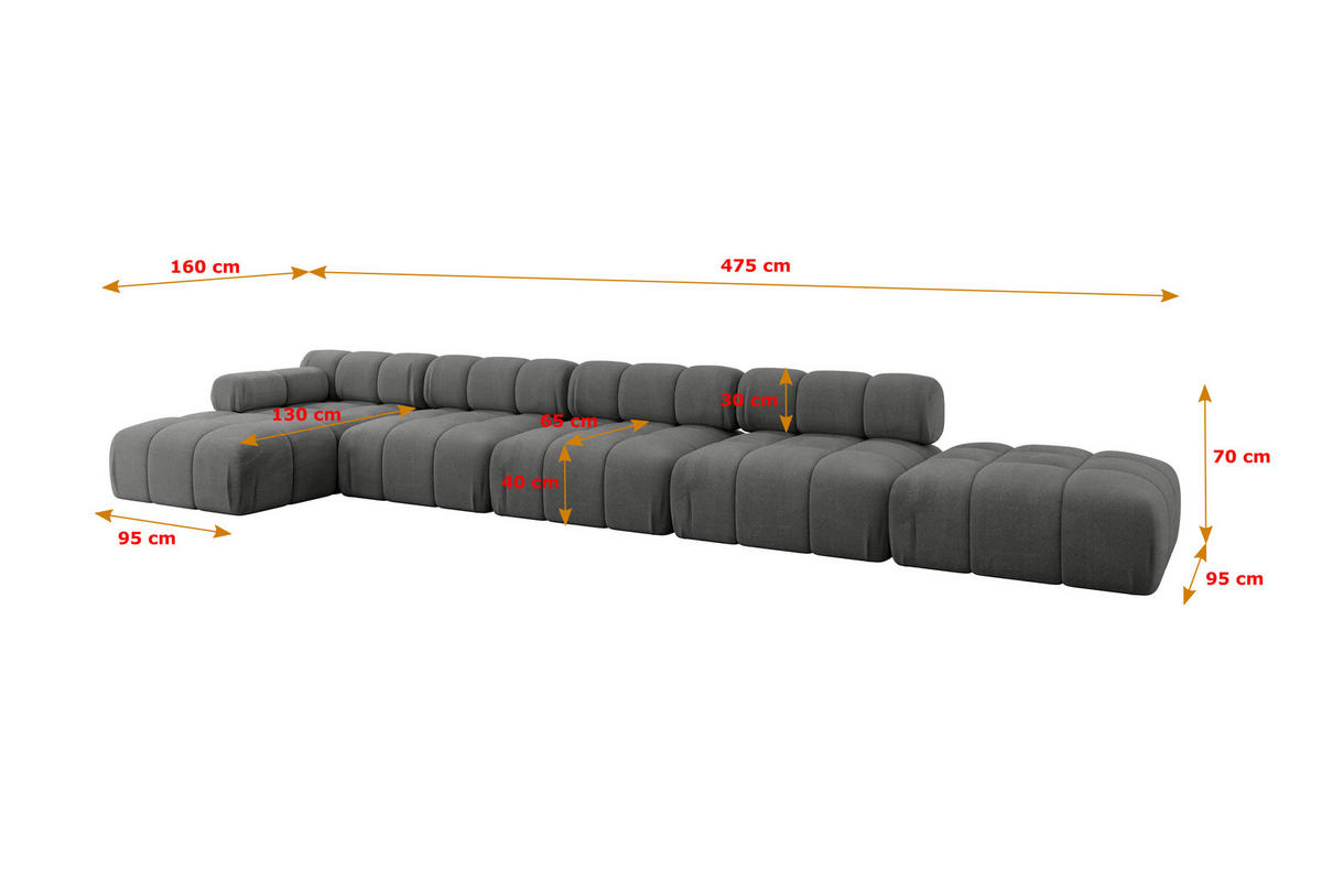 ECKSOFA modulares Sofa Lizur-L3 - 475x160x70 cm Dunkelgrau Velours - Dunkelgrau, Holzwerkstoff/Textil (475/160cm) - ALTDECOR