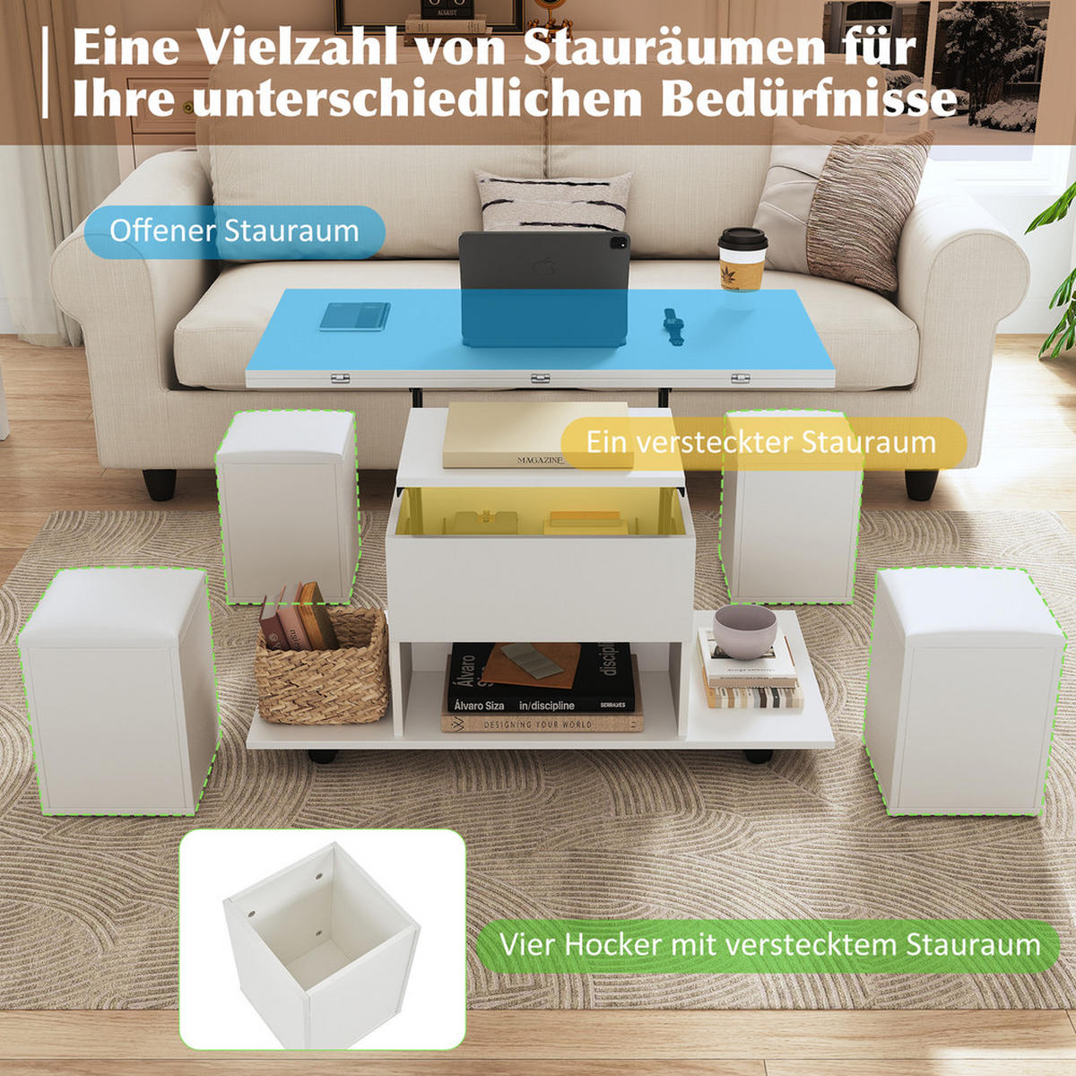 COUCHTISCH Anhebbar Multifunktion Weiß 2 Tische Öffnen Großkapazität Büro - Weiß, Holz (112.4/62.87/12.07cm) - FLIEKS