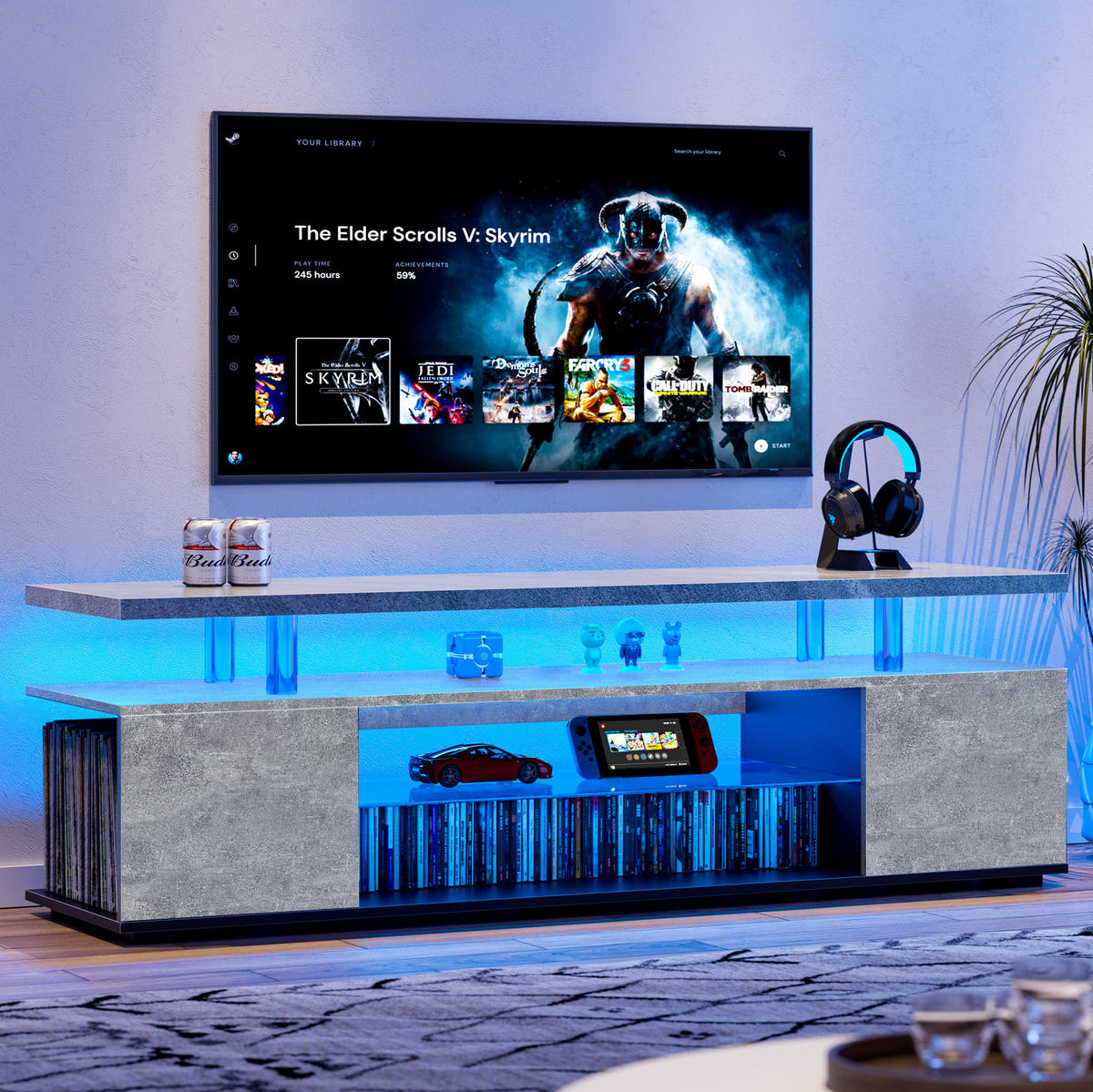 TV-BOARD 130/40/48 cm grau/schwarz aus Holzwerkstoff mit LED-Beleuchtung - Schwarz, Holzwerkstoff (130/48/40cm) - OKWISH