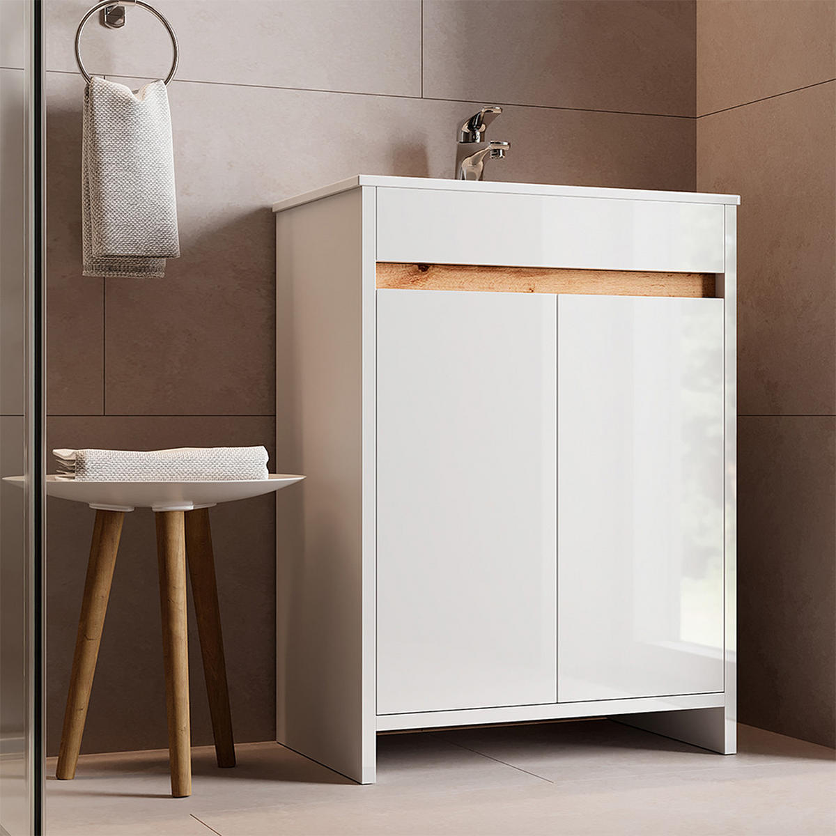 WASCHTISCHKOMBI Lemgo Weiß 2 Teile, Unterschrank 60 cm - Weiß Hochglanz/Weiß, Holzwerkstoff (59.6/81.9/40cm) - Vicco