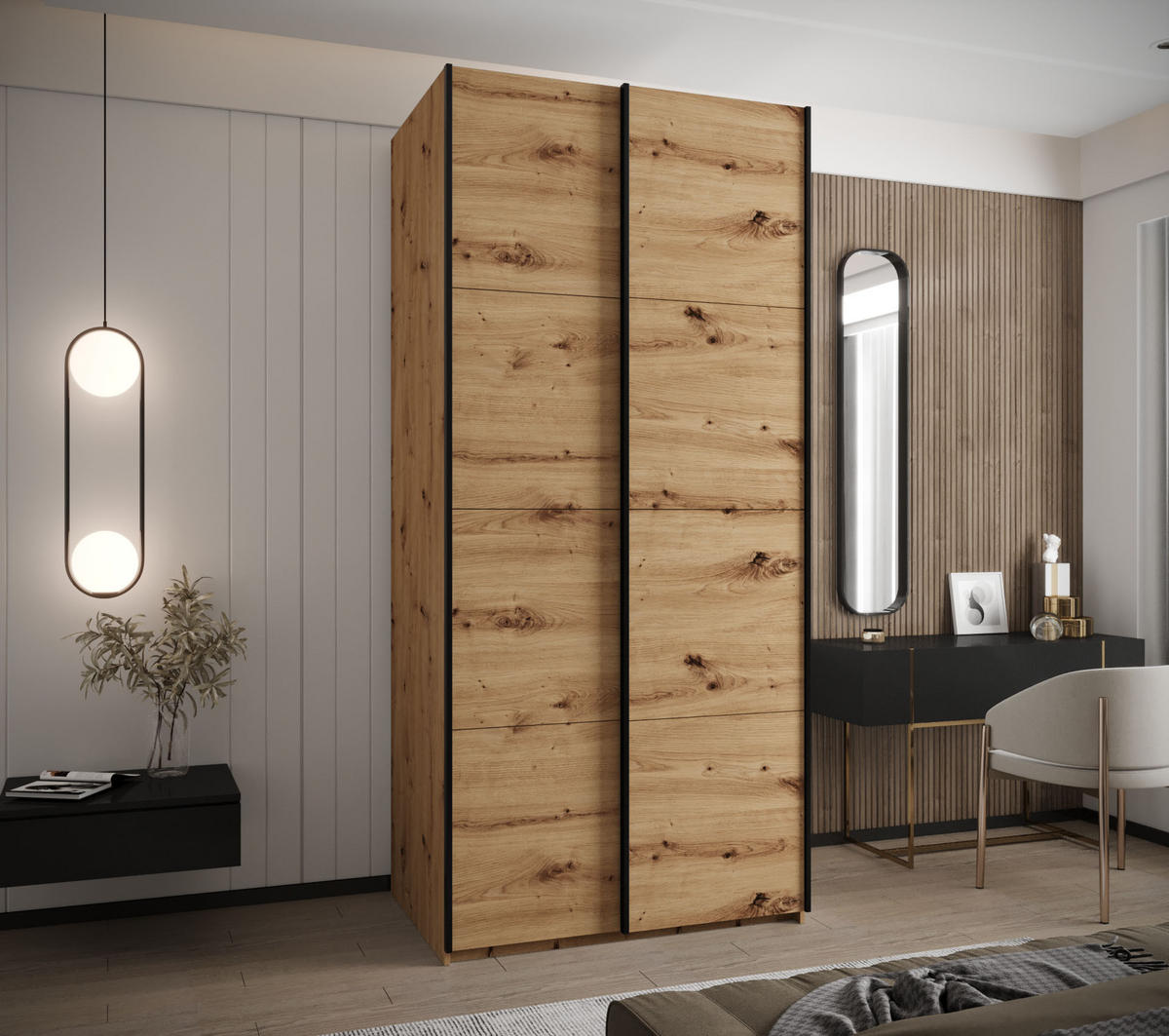 SCHWEBETÜRENSCHRANK 245,5/100/64 2-türig - Schwarz/Eiche Artisan, Holz/Metall (100/245/64cm) - Abiks Möbel