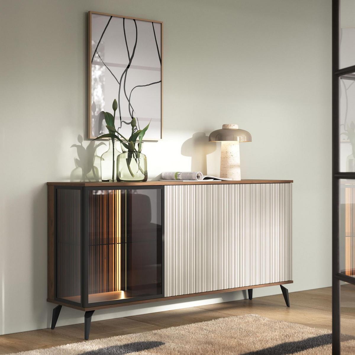 SIDEBOARD YUKO K154 154 cm (Warmia Nussbaum, Kaschmir, Glas, LED Inklusive) - Kaschmir/Walnussfarben, Glas/Holz (154/80/39cm) - Ravio