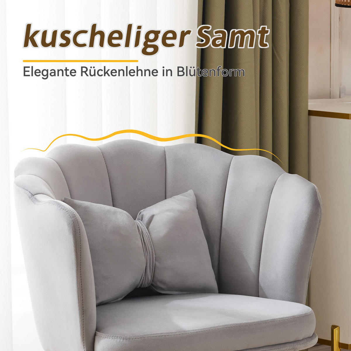 STUHL SET 6-TEILIG Samt Polster Blütenblatt-Rücken Goldfüße & Kissen Grau - Grau, Holz (62/43/54cm) - FLIEKS