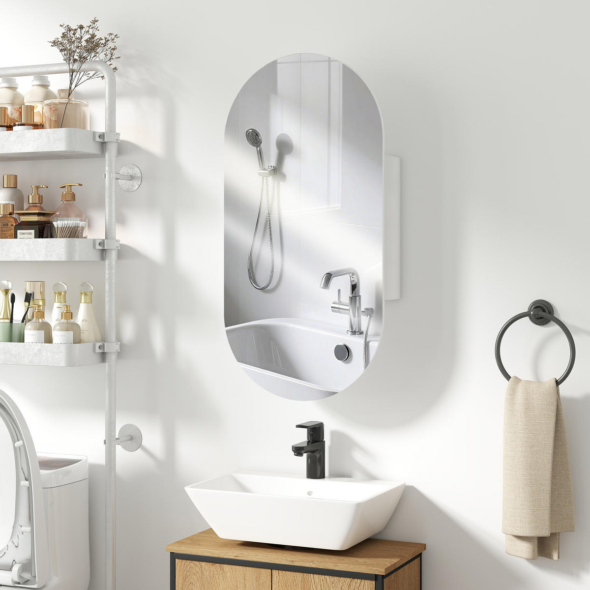 BADEZIMMERSPIEGEL Moderner ovaler Badezimmerspiegel mit Schrank und zwei Ablagen, 45 x 90 cm ,Weiß - Weiß, Glas (13.5/90/45cm) - Vallsero