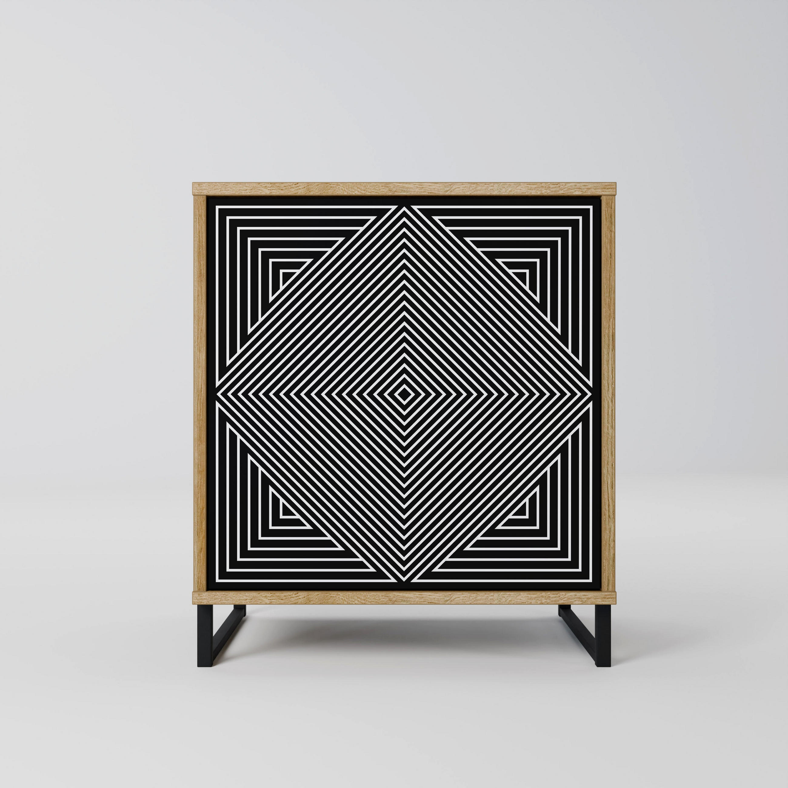 SIDEBOARD POLYGON ILLUSION, Eichefarben, 57,5x42x67,5 cm, Schwarze Metall-Rahmenfüße - Eichefarben/Multicolor, Holzwerkstoff/Metall (57.5/67.5/42cm) - SpaceRebels